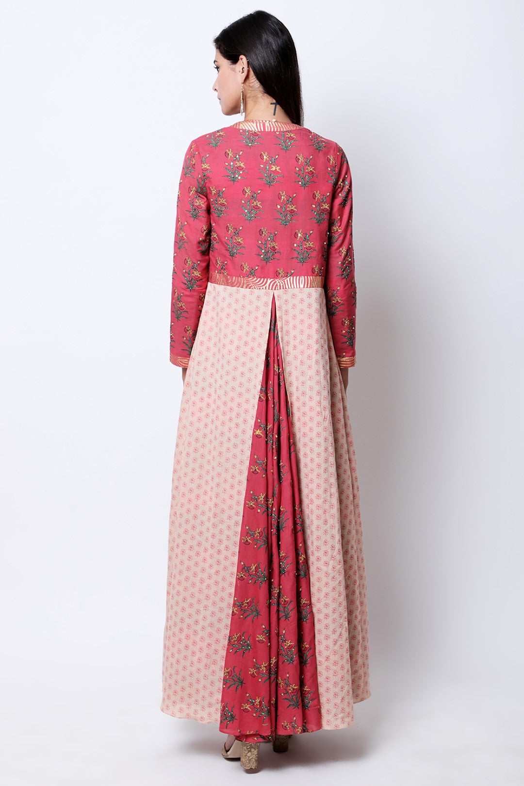 Burgundy and Light Tabacco hand-printed long jacket , paired with flare halter neck top and dhoti.