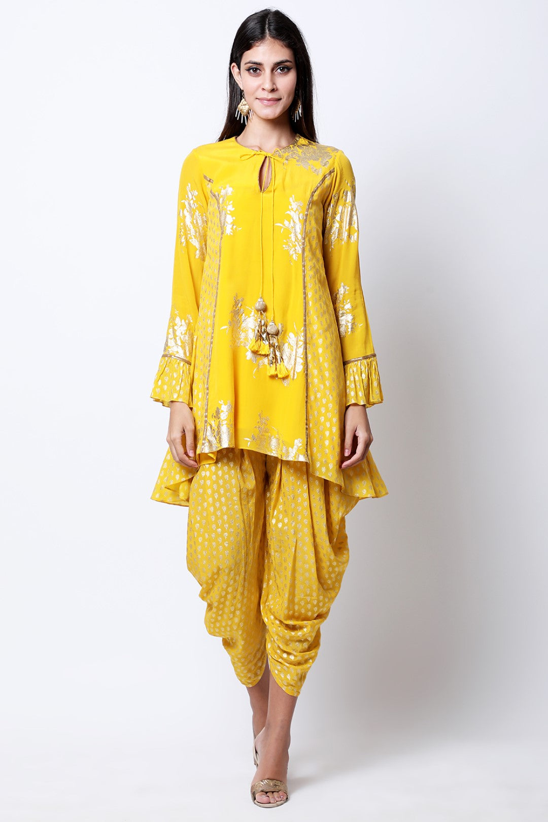 Pitambari Yellow gold printed bibi badal asymmetric tunic with cowl dhoti.