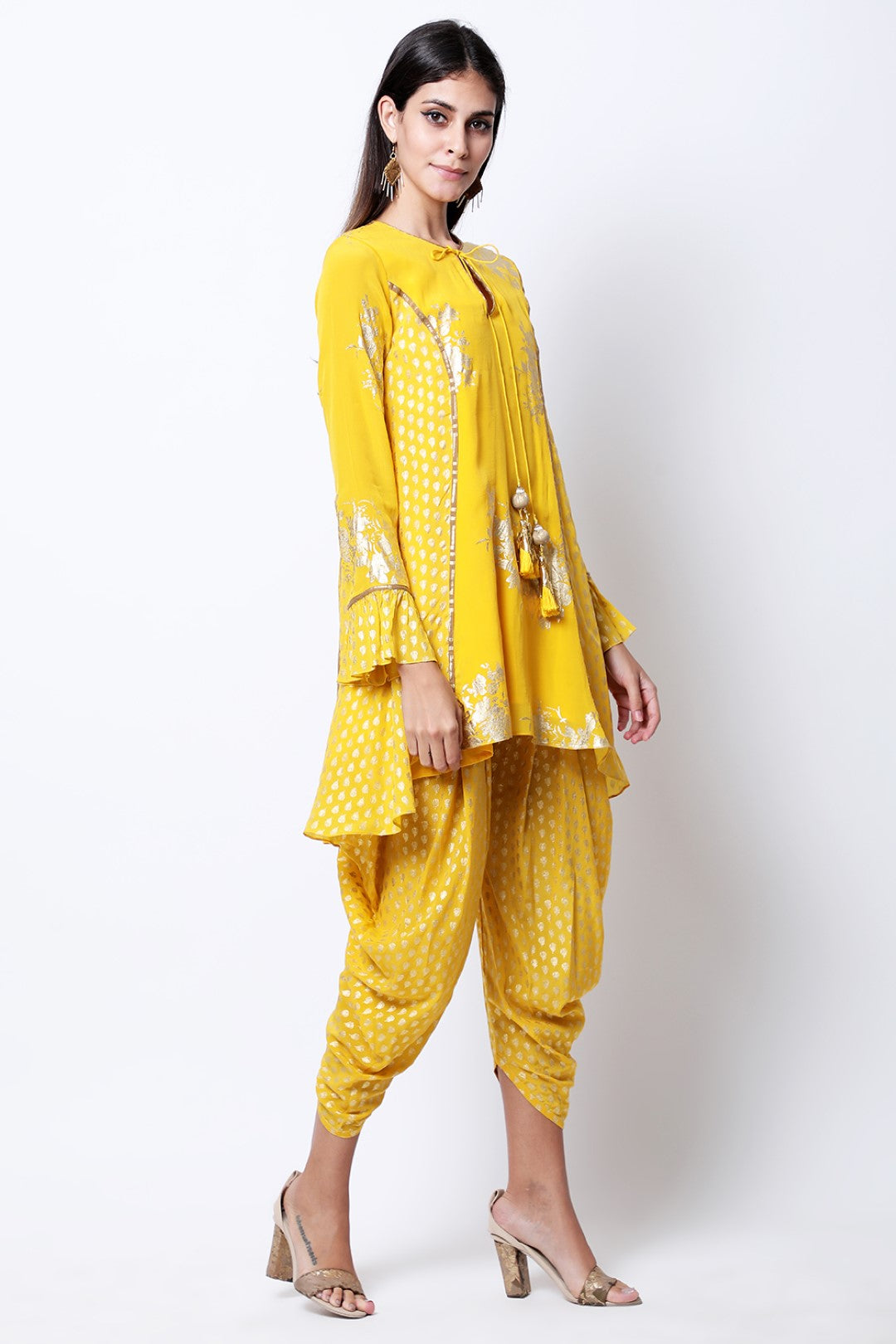 Pitambari Yellow gold printed bibi badal asymmetric tunic with cowl dhoti.