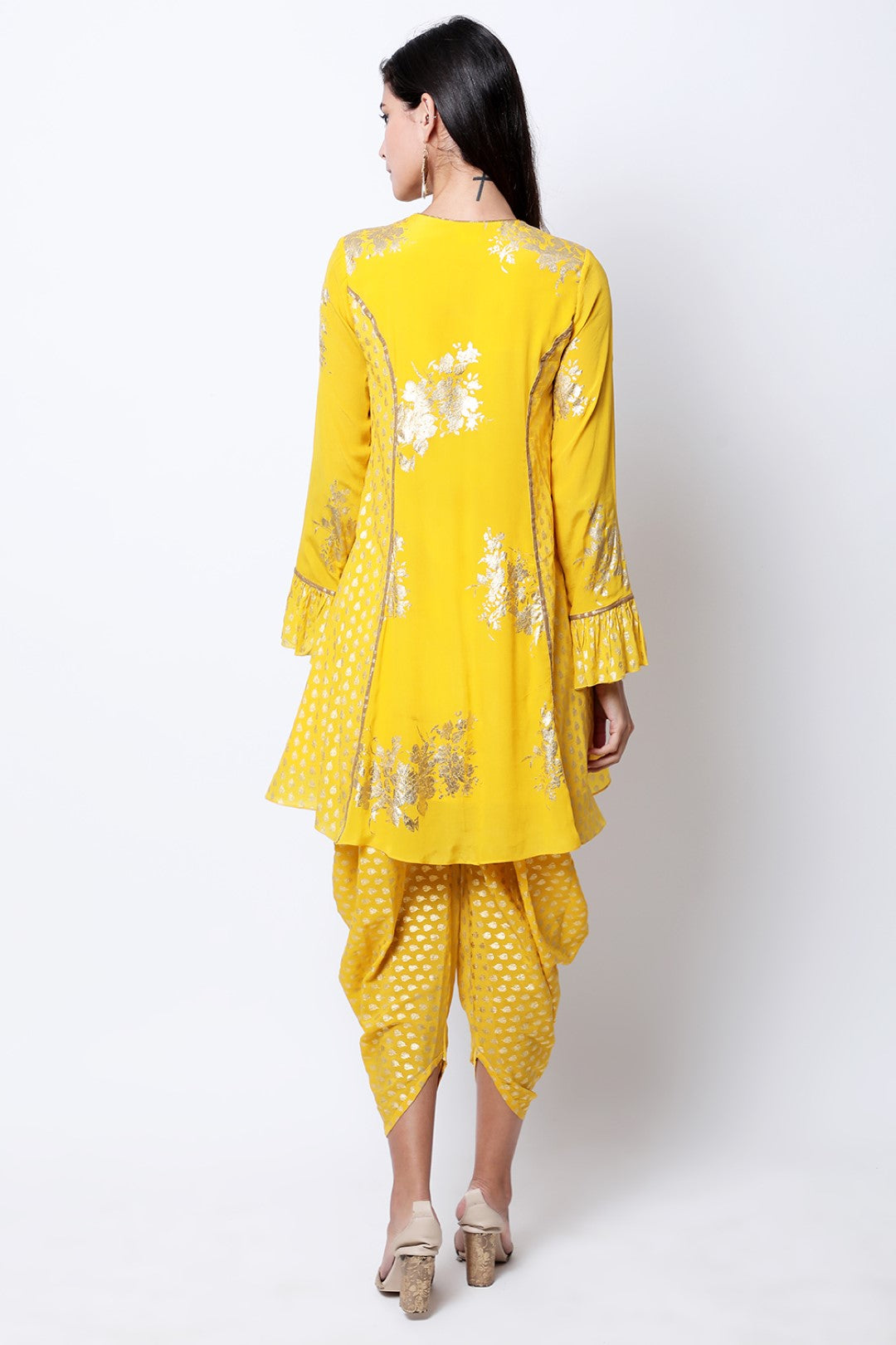 Pitambari Yellow gold printed bibi badal asymmetric tunic with cowl dhoti.