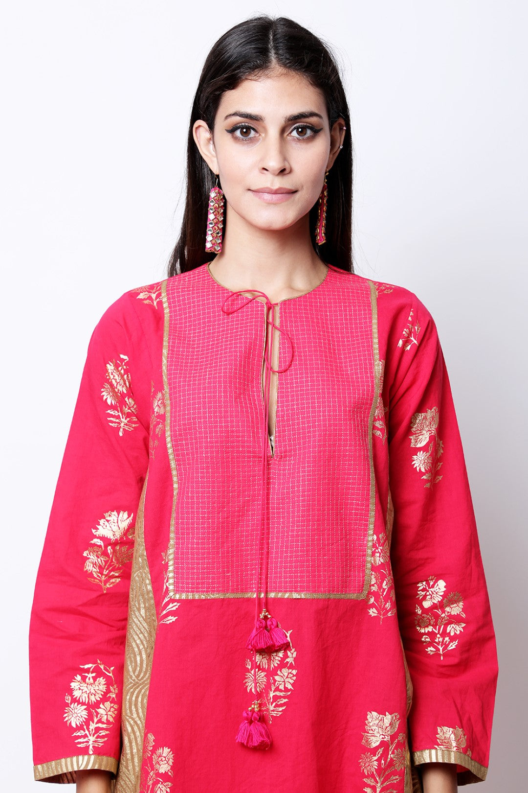 Rani Pink gold printed kurta with chevron side panel details , paired with dhoti.