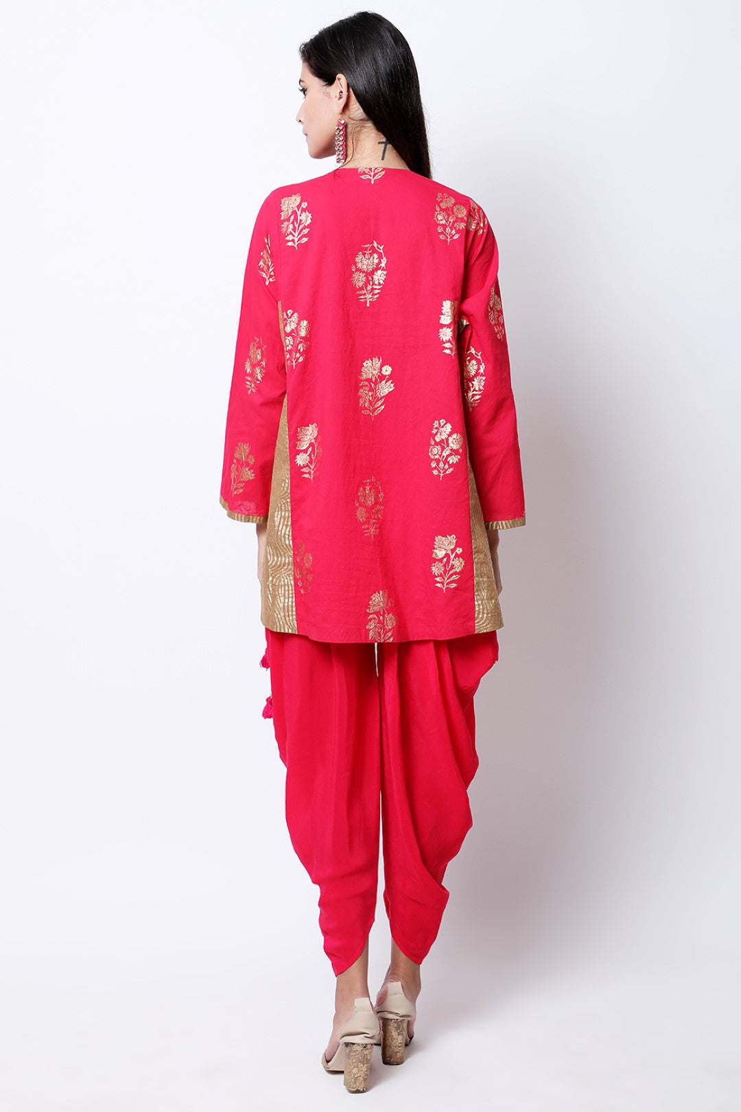 Rani Pink gold printed kurta with chevron side panel details , paired with dhoti.