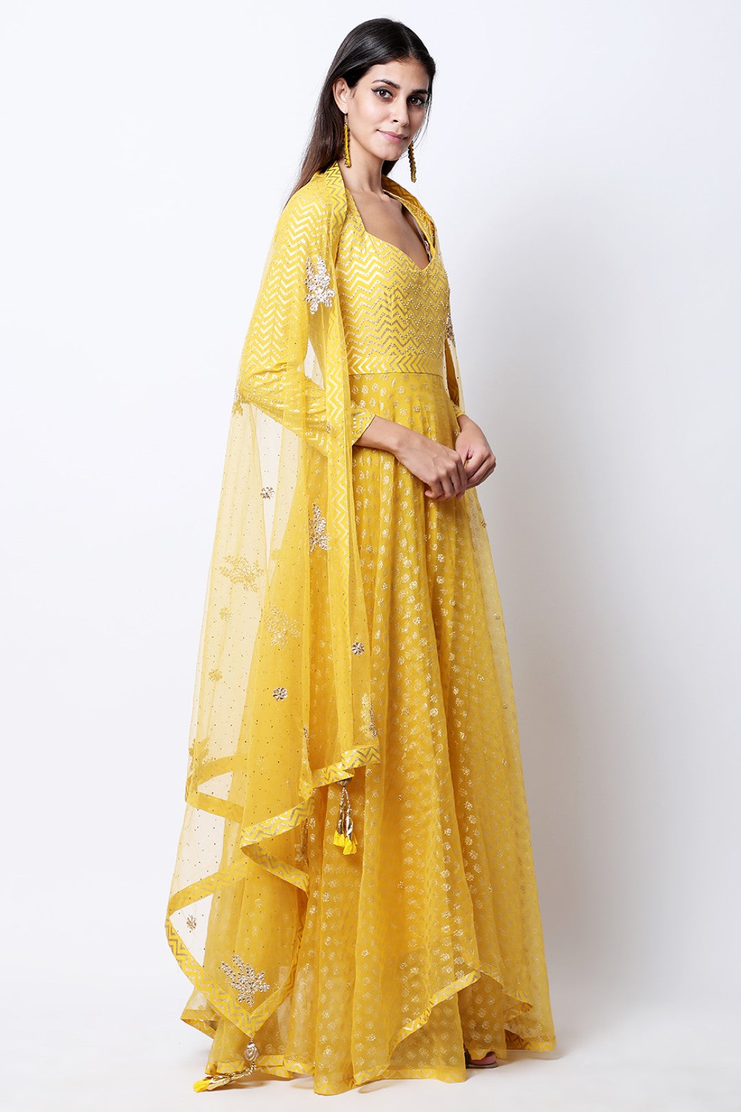 Pitambari yellow lotus and chevron gold printed organza kalidar with mukesh embroidered dupatta and churidar.