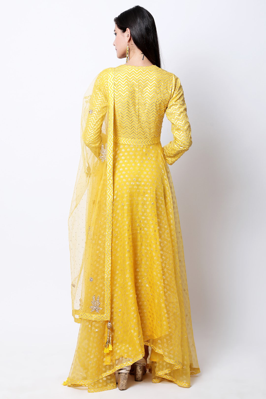 Pitambari yellow lotus and chevron gold printed organza kalidar with mukesh embroidered dupatta and churidar.