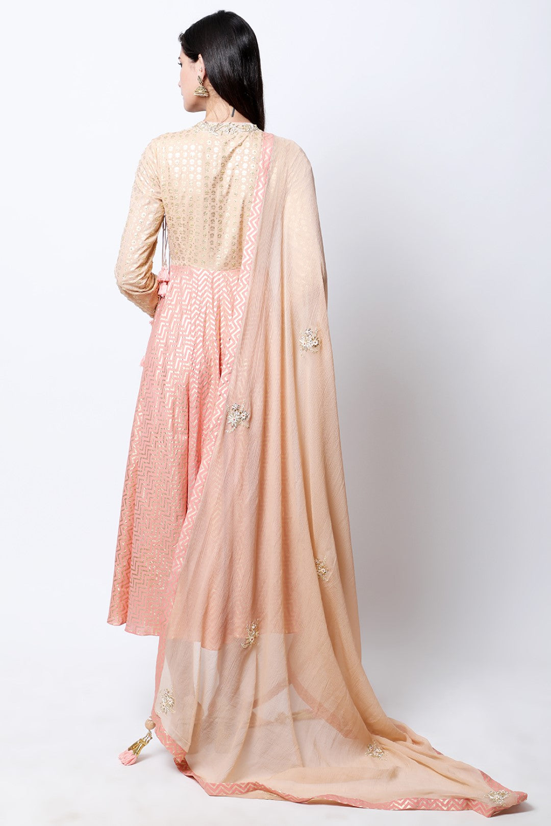 Tabacco and vintage rose gold printed angrakha with chiffon embroidered dupatta and churidar.