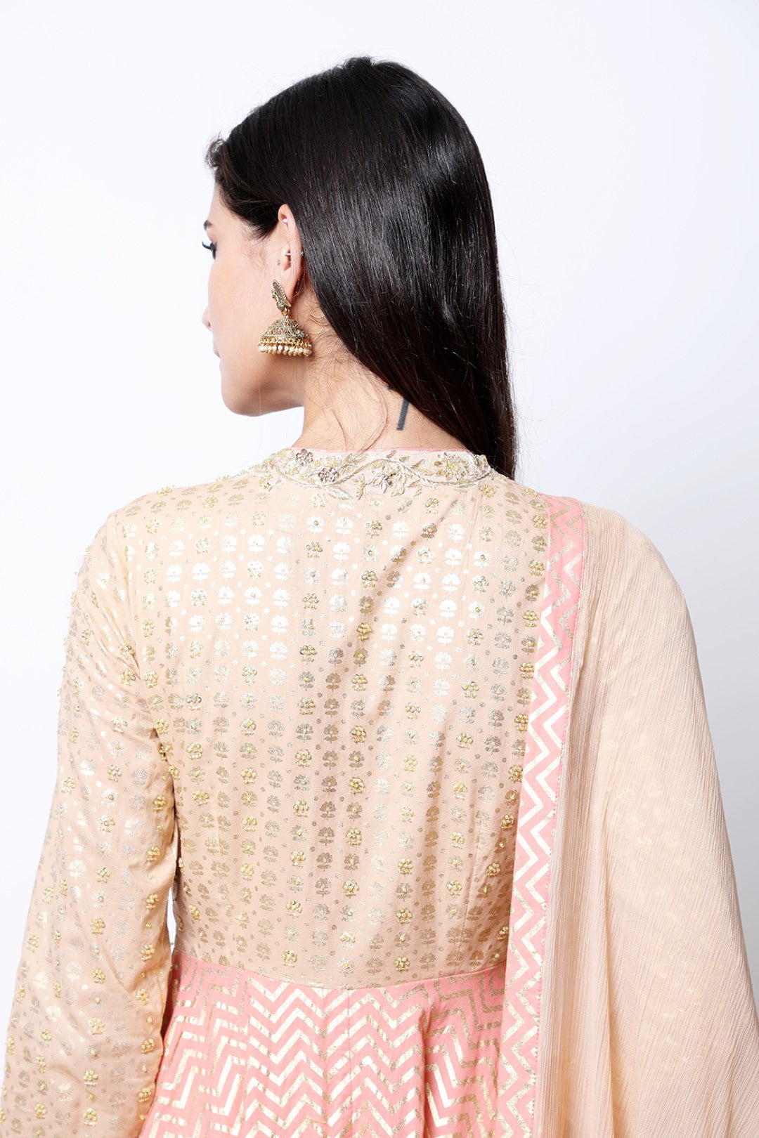 Tabacco and vintage rose gold printed angrakha with chiffon embroidered dupatta and churidar.