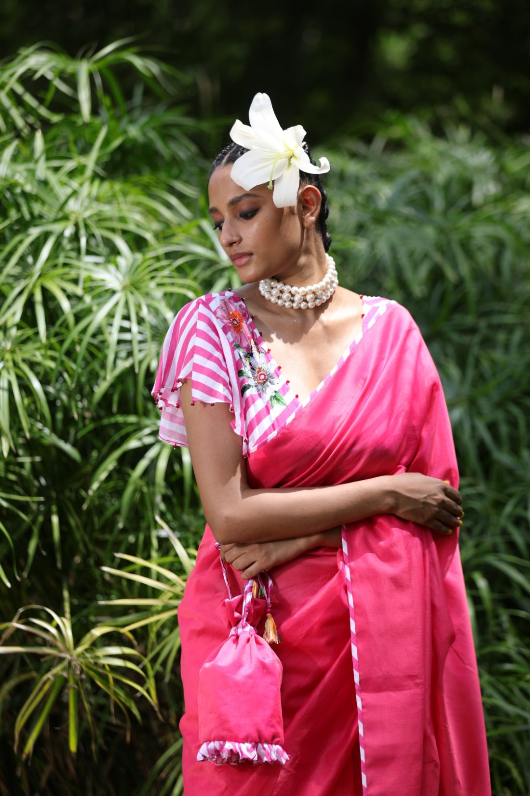 Watermelon pink chanderi saree with leheriya unstitched blouse fabric