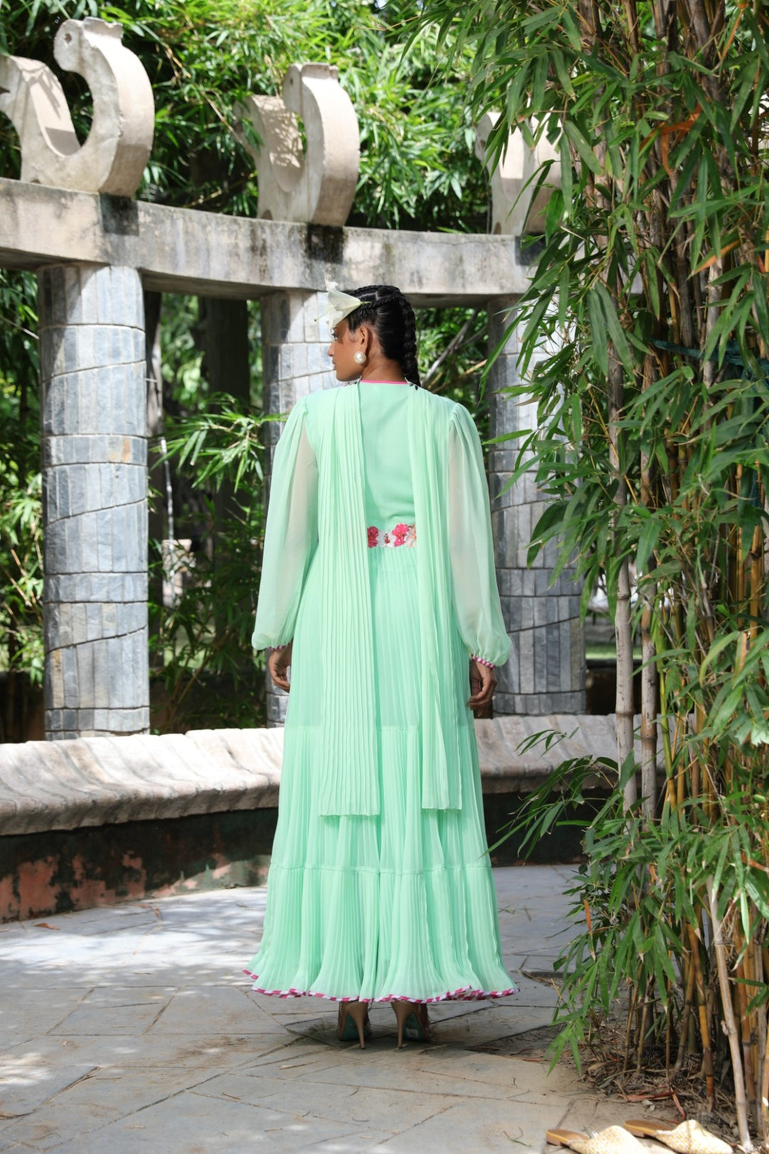 Pista green pleated embroidered anarkali set