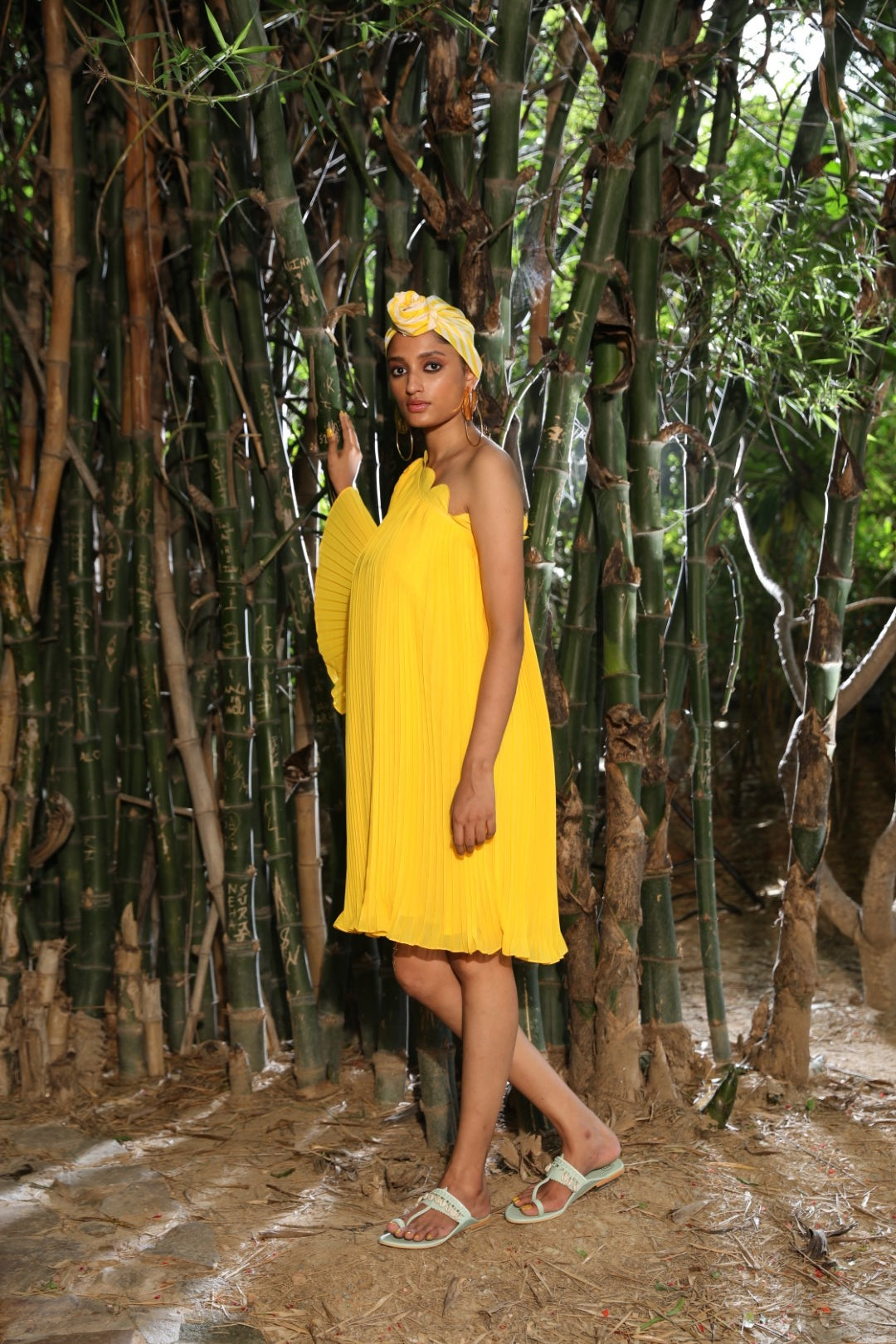 Pitambari yellow one shoulder pleated georgette dress