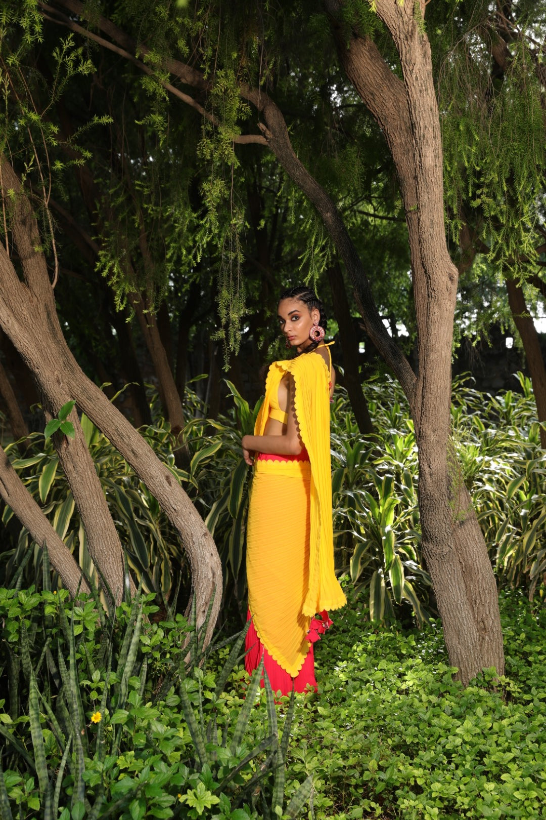 Coral pre-pleated saree with yellow palla with yellow unstitched blouse fabric