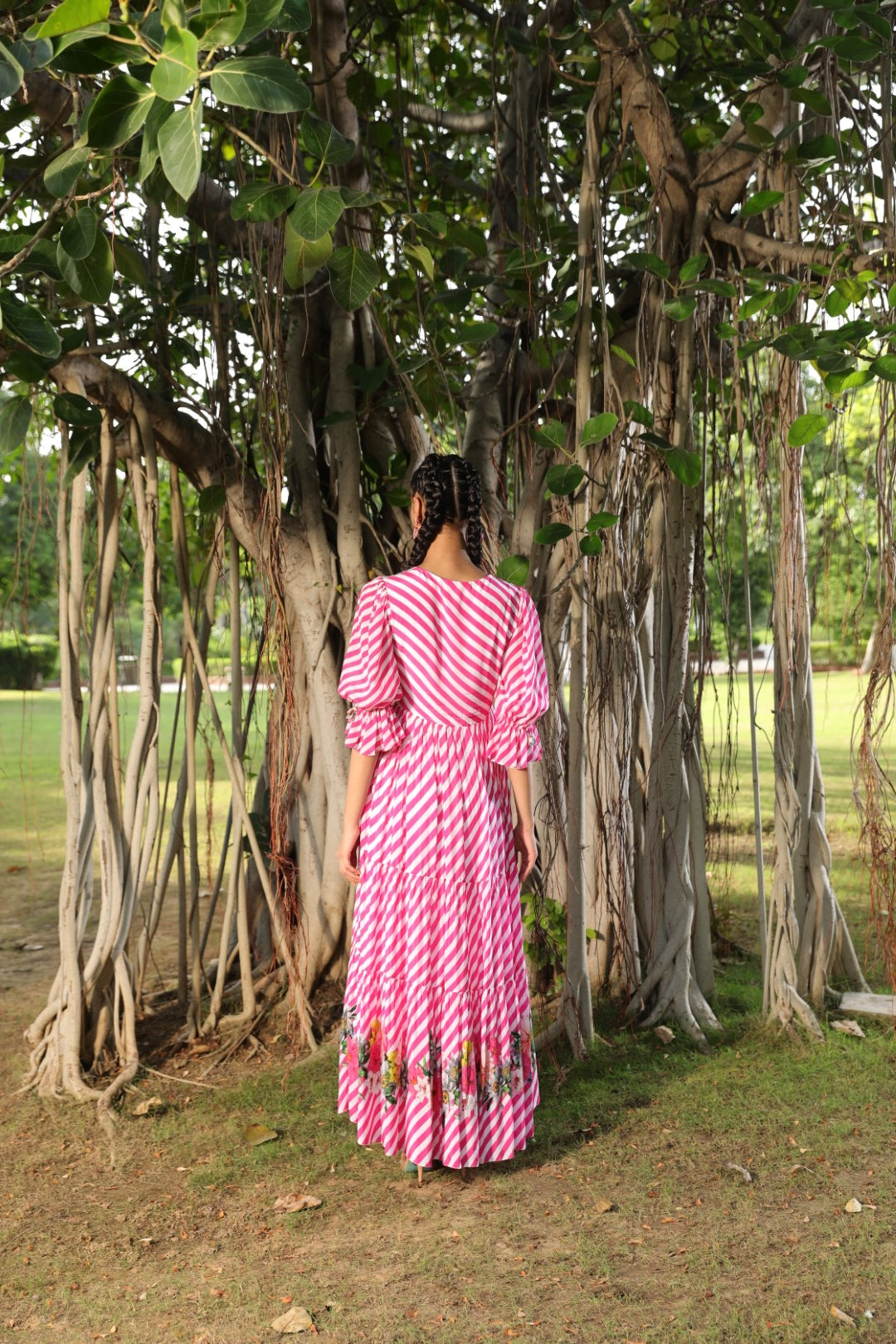 Mithai pink lehariya floral embroidered crepe dress