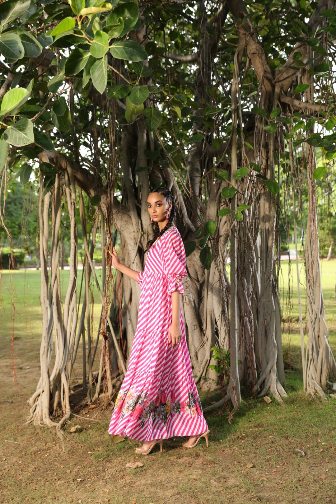 Mithai pink lehariya floral embroidered crepe dress