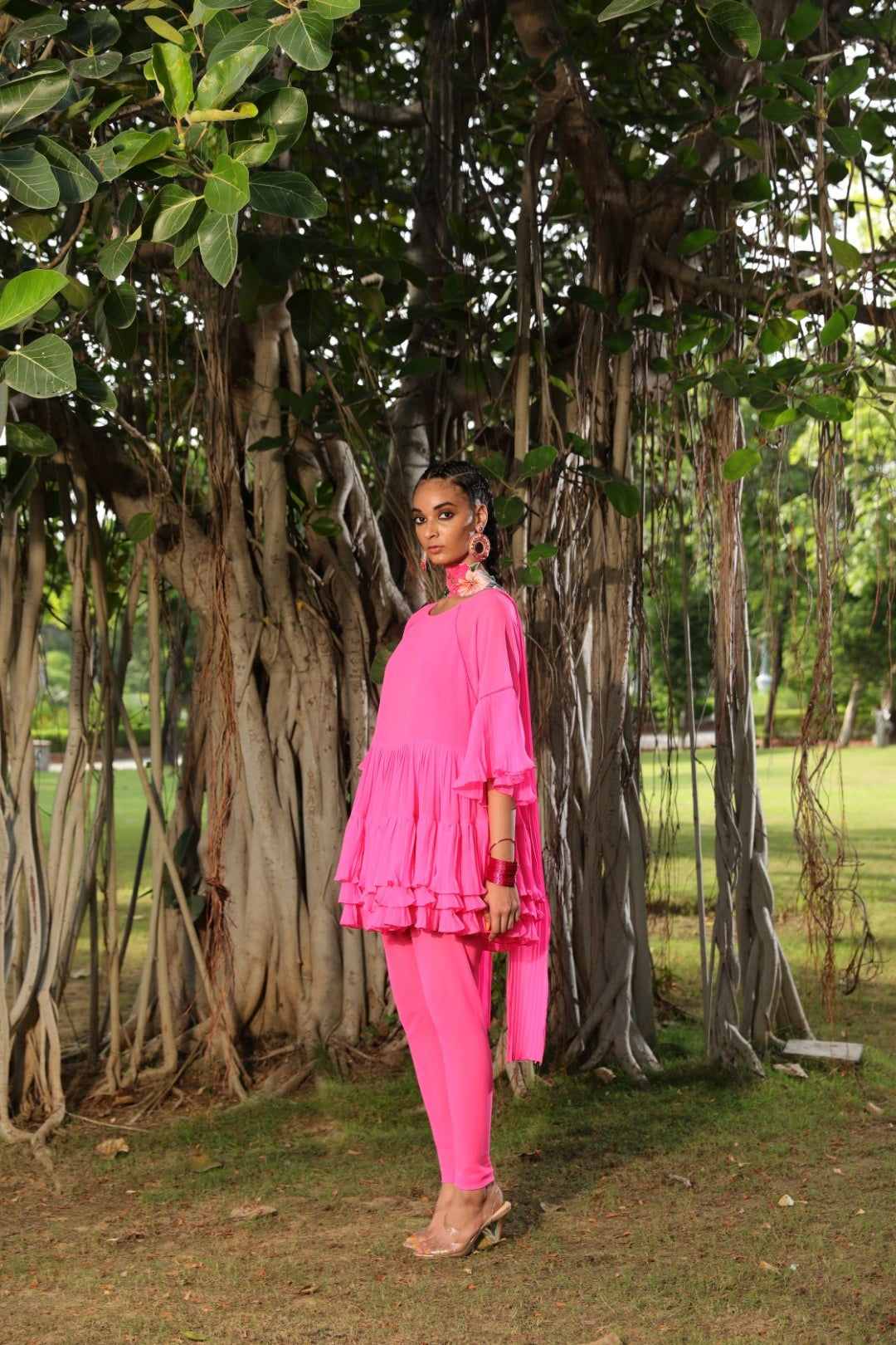 Hot pink tiered ggt kurta with churidar and embroidered dupatta