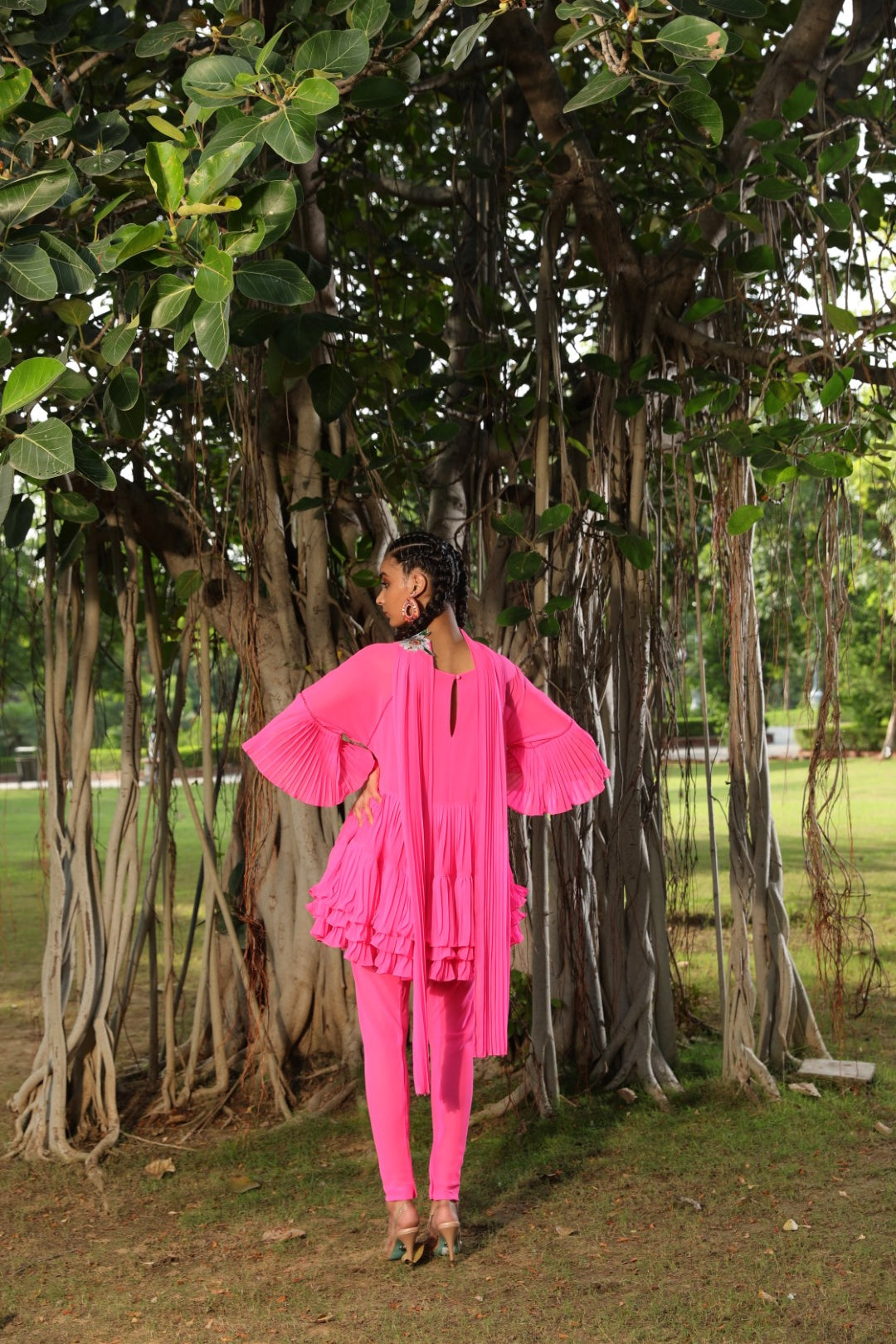 Hot pink tiered ggt kurta with churidar and embroidered dupatta