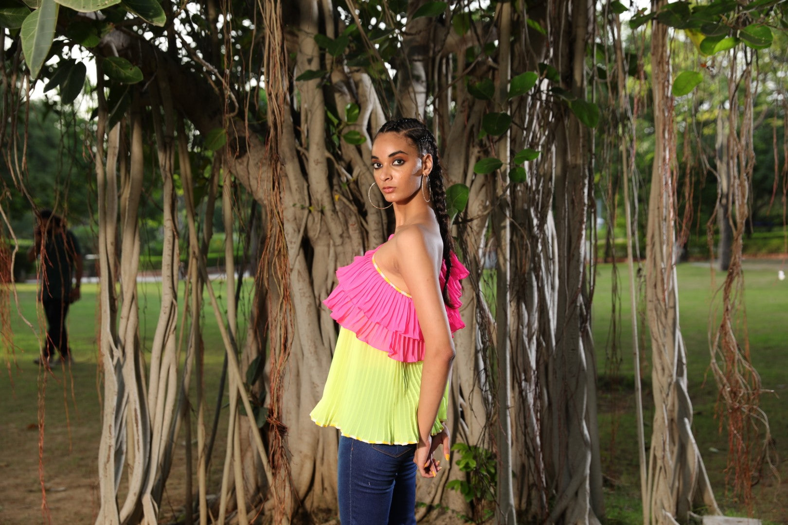 Mithai pink and Lime one shoulder pleated top