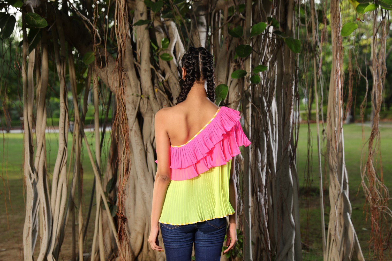 Mithai pink and Lime one shoulder pleated top