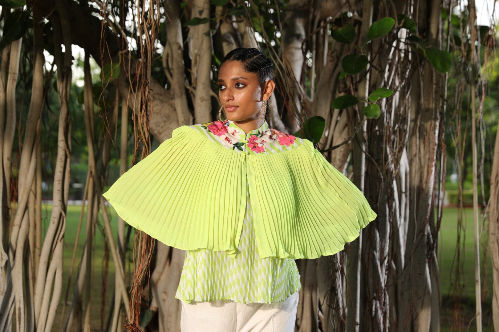 Lime pleated floral emb cape with lehariya top