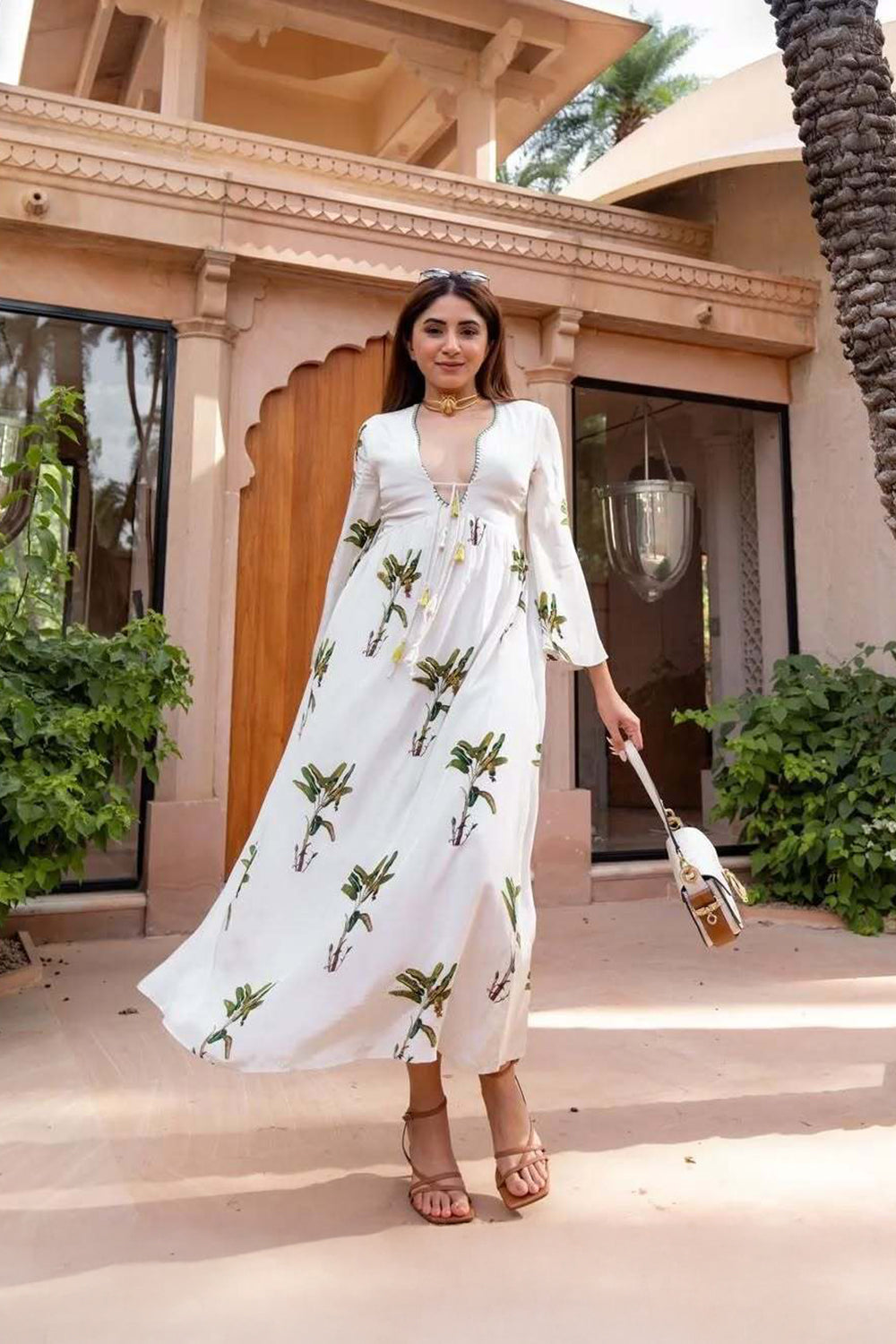 AASHNA SHROOF in Off-White Hand painted Banana Tree Print Kaftan Dress
