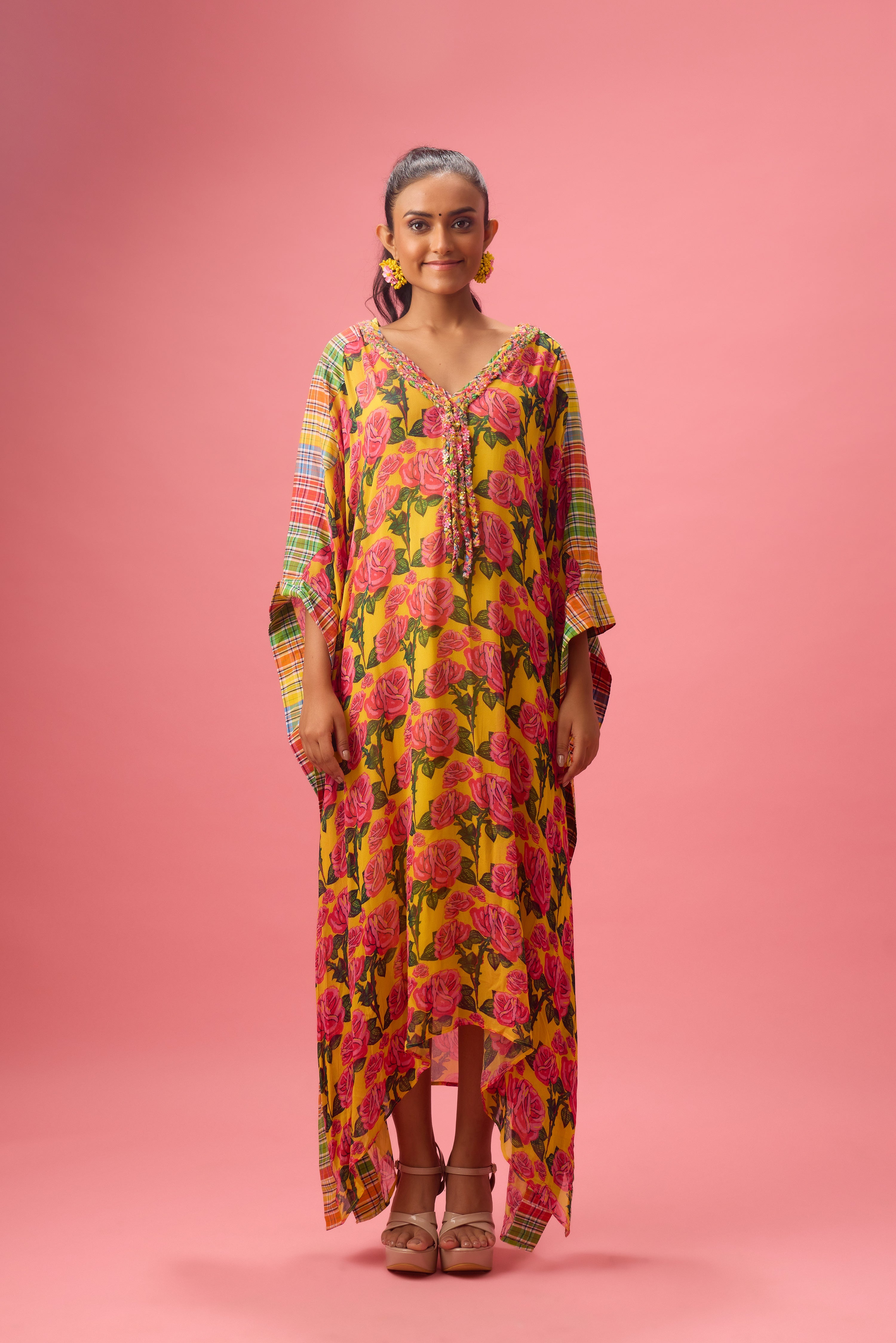 FLORAL PRINTED KAFTAN WITH MADRAS CHECK DETAILING