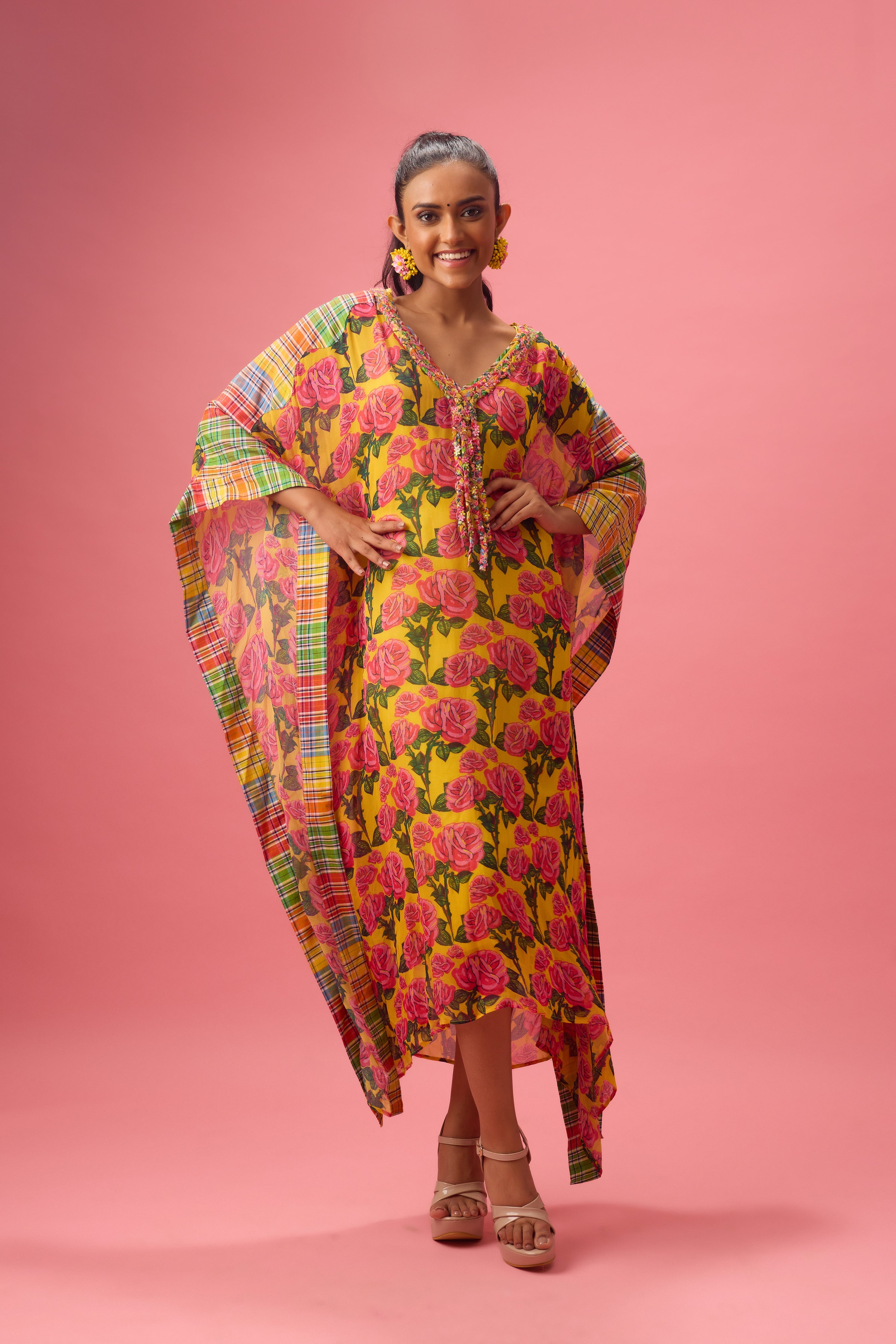 FLORAL PRINTED KAFTAN WITH MADRAS CHECK DETAILING