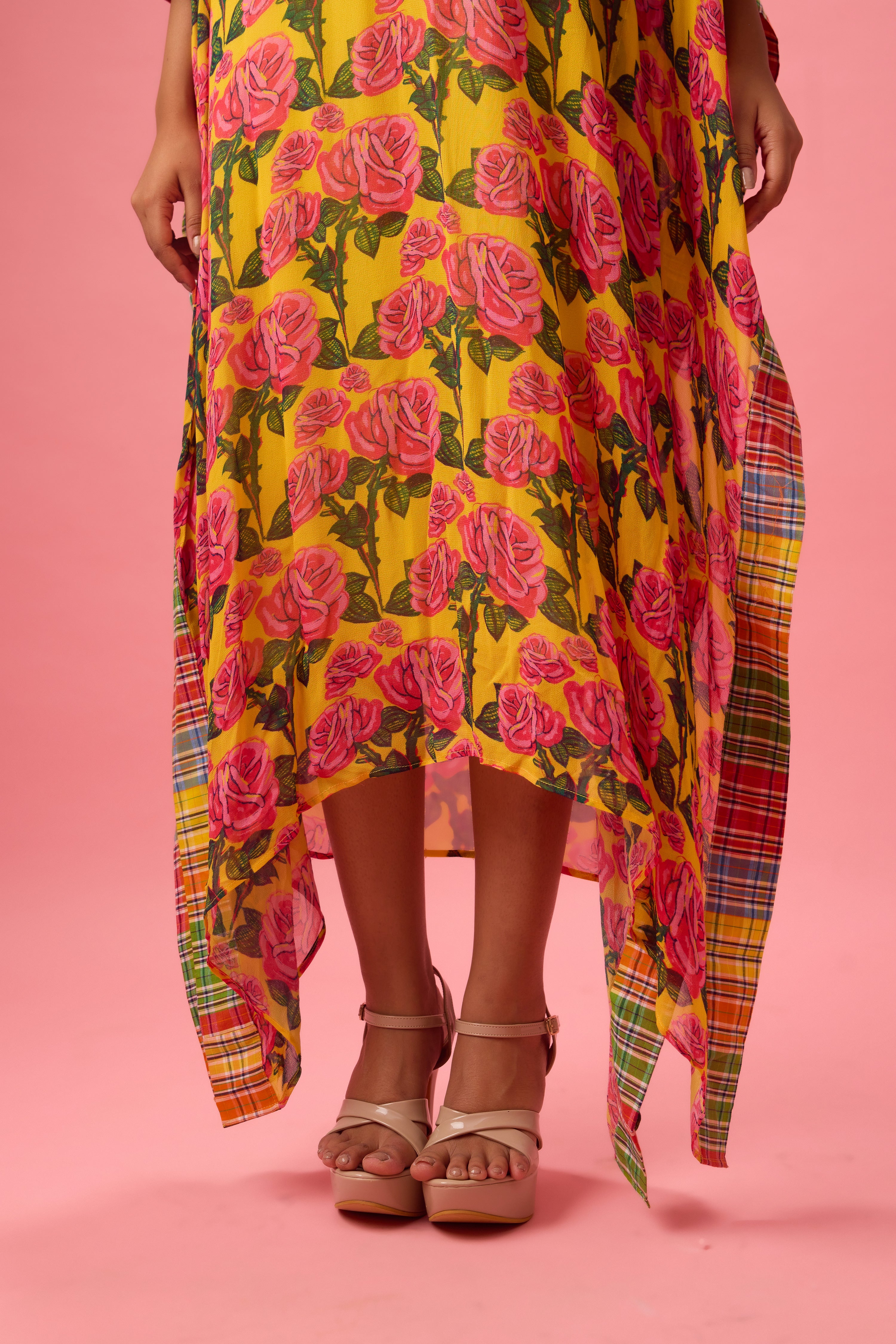 FLORAL PRINTED KAFTAN WITH MADRAS CHECK DETAILING