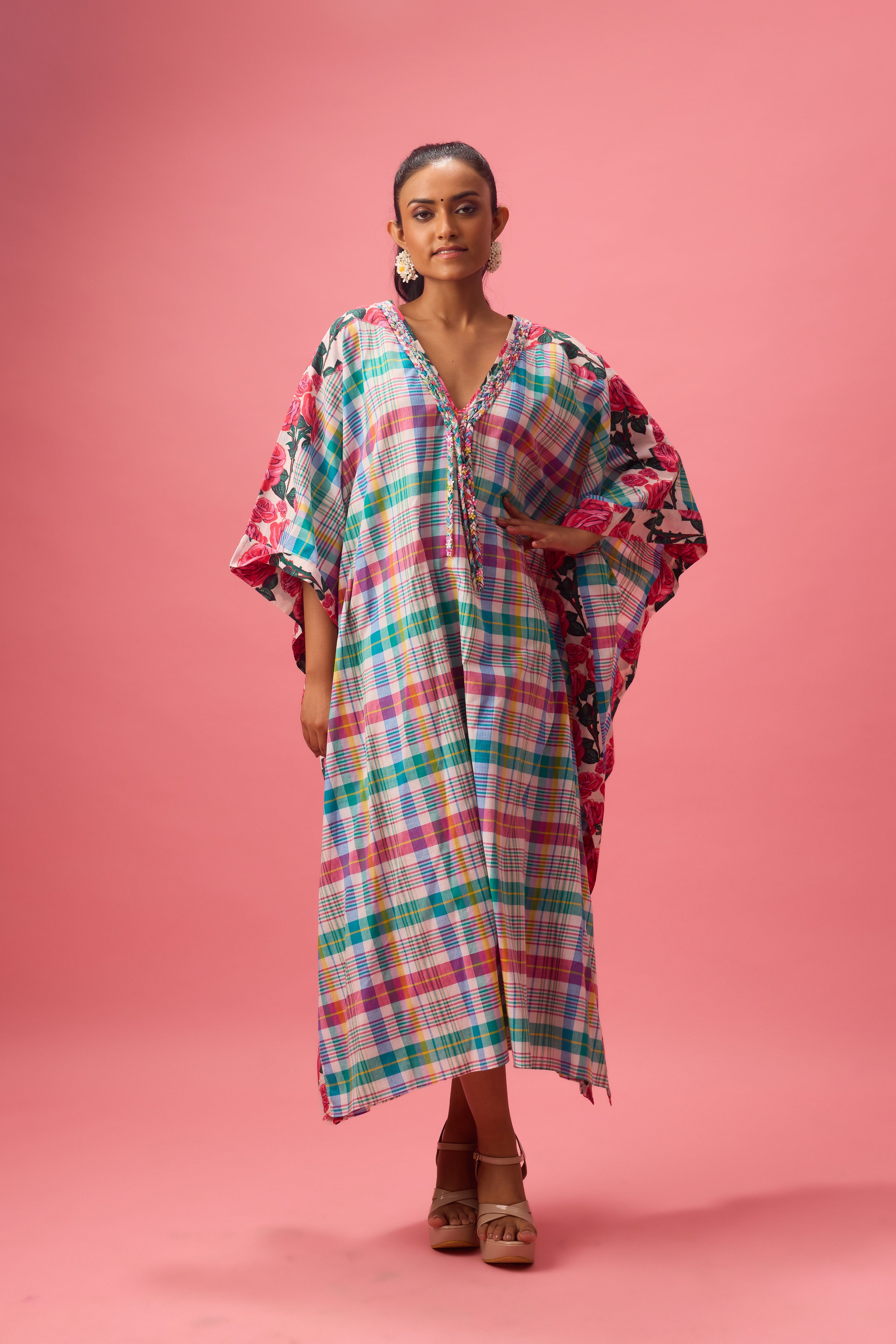 MADRAS CHECK  KAFTAN WITH FLORAL PRINT  DETAILING