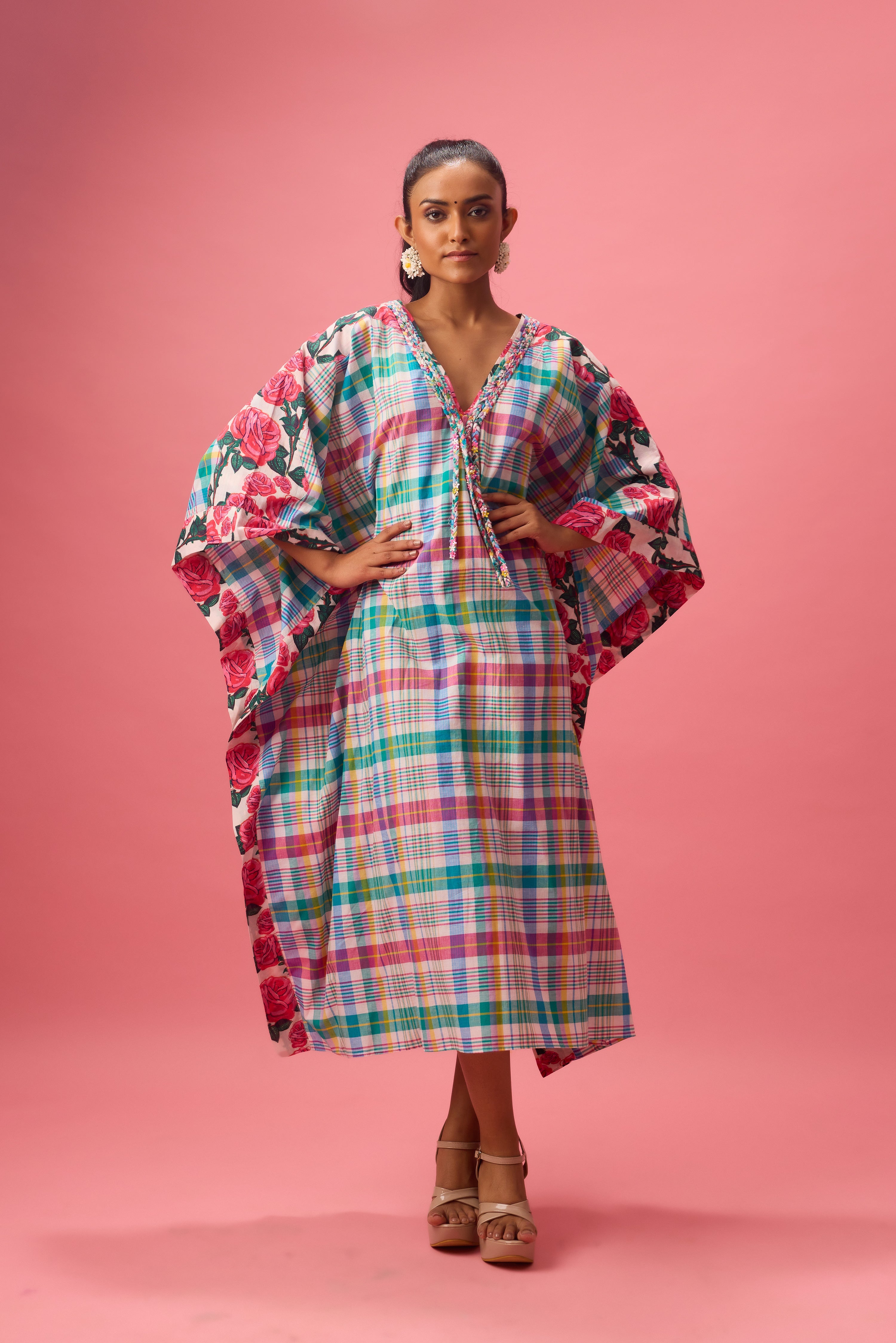 MADRAS CHECK  KAFTAN WITH FLORAL PRINT  DETAILING