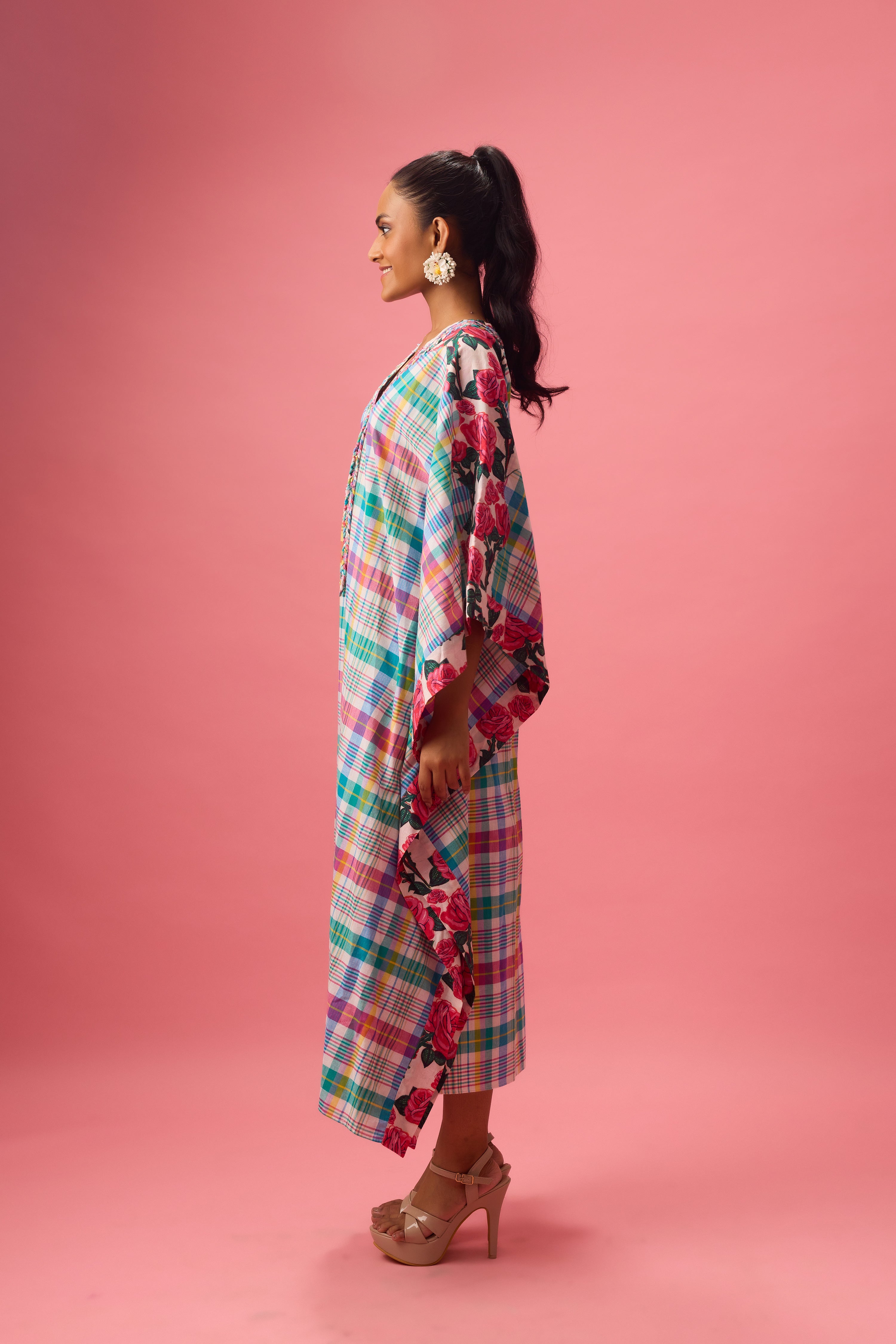 MADRAS CHECK  KAFTAN WITH FLORAL PRINT  DETAILING