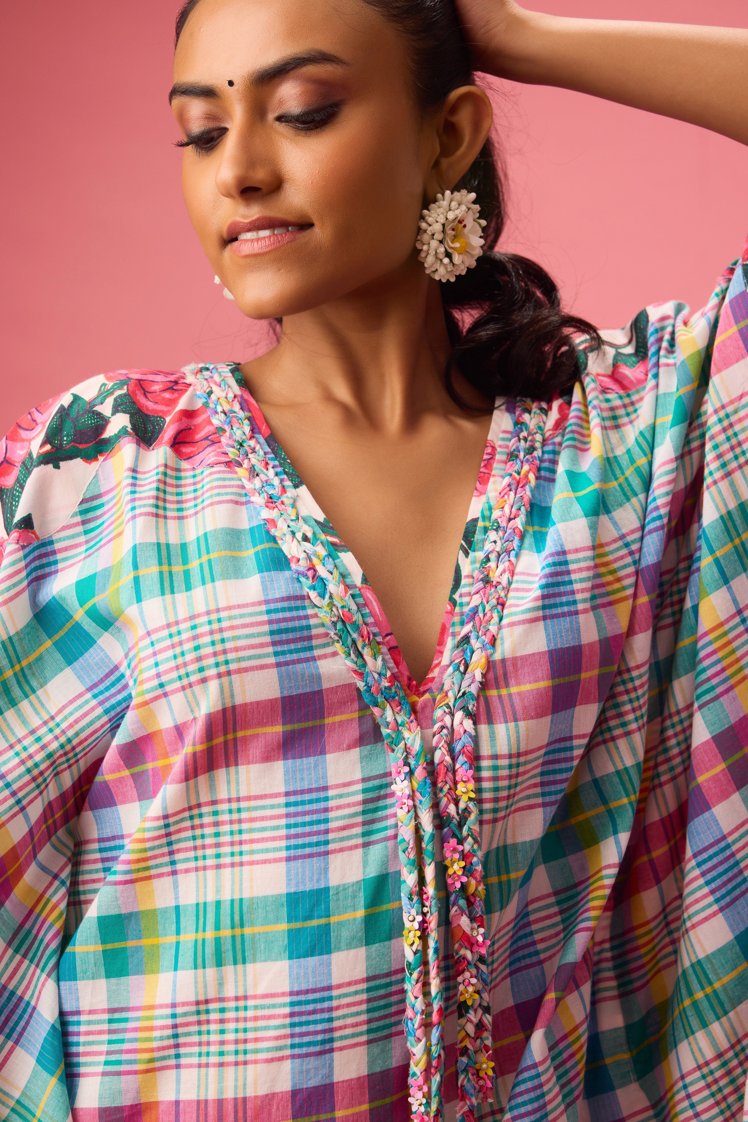 MADRAS CHECK  KAFTAN WITH FLORAL PRINT  DETAILING