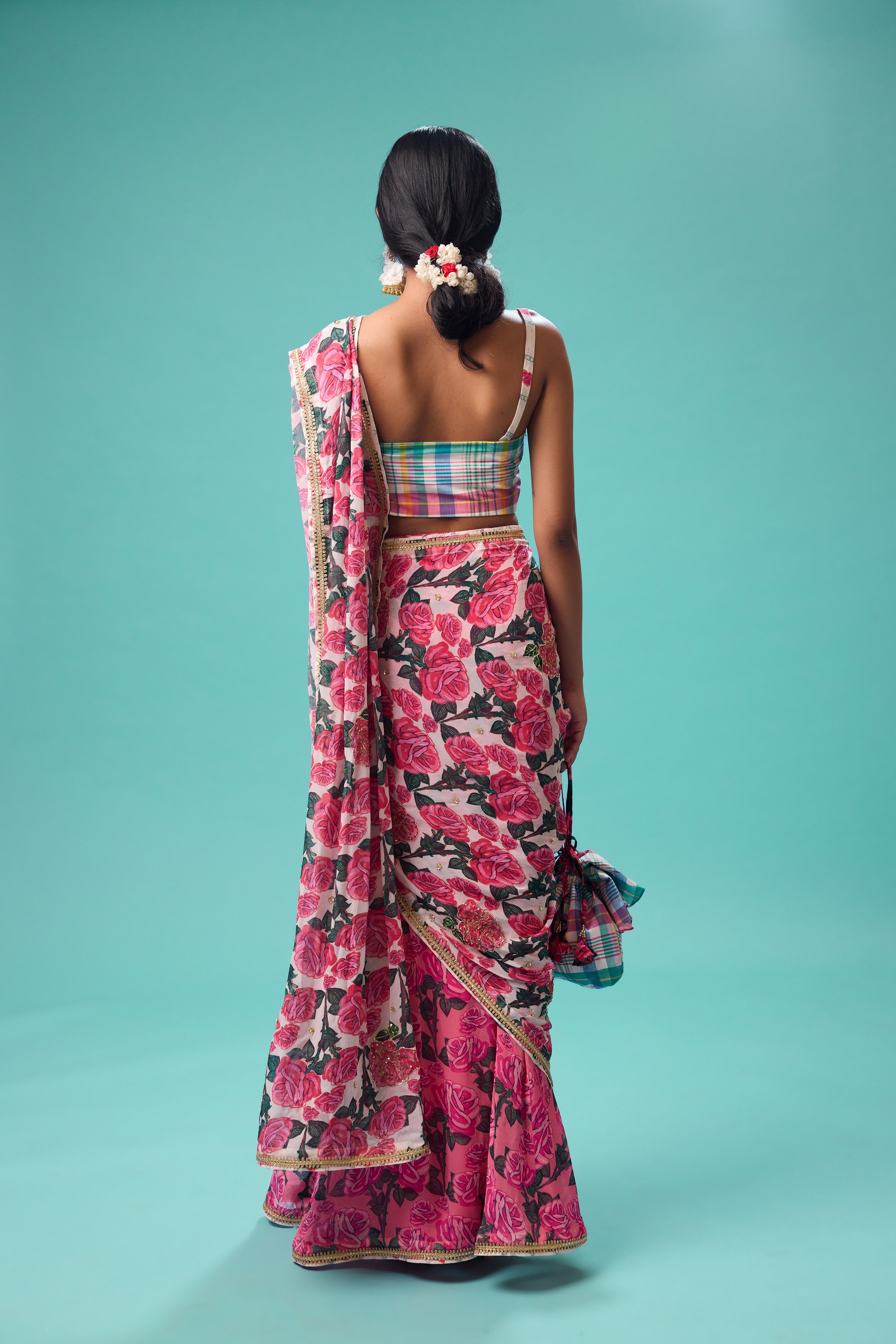 FLORAL PRINTED GEORGETTE SAREE WITH MADRAS CHECK BLOUSE