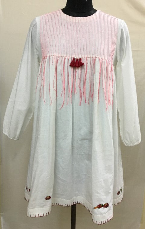 Hand Woven Cotton Emb. Dress with pintucks And Tassels Detailing. Azo Free