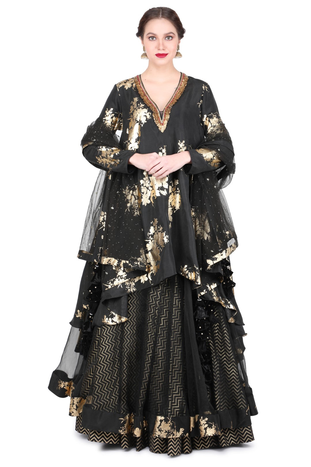 FOIL PRINTED SILK TUNIC PAIRED WITH SKIRT AND DUPATTA