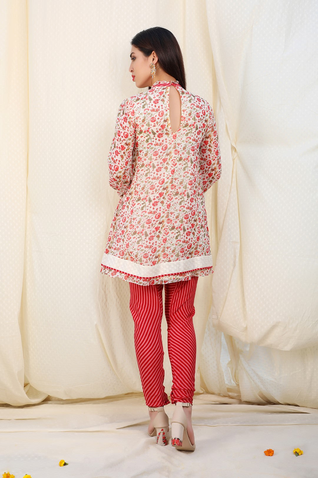 print kurta with crepe churidaar and chiffon dupatta.