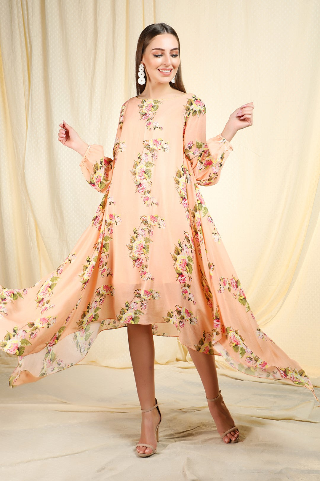 peach assymetrical crepe tunic with crepe dhoti