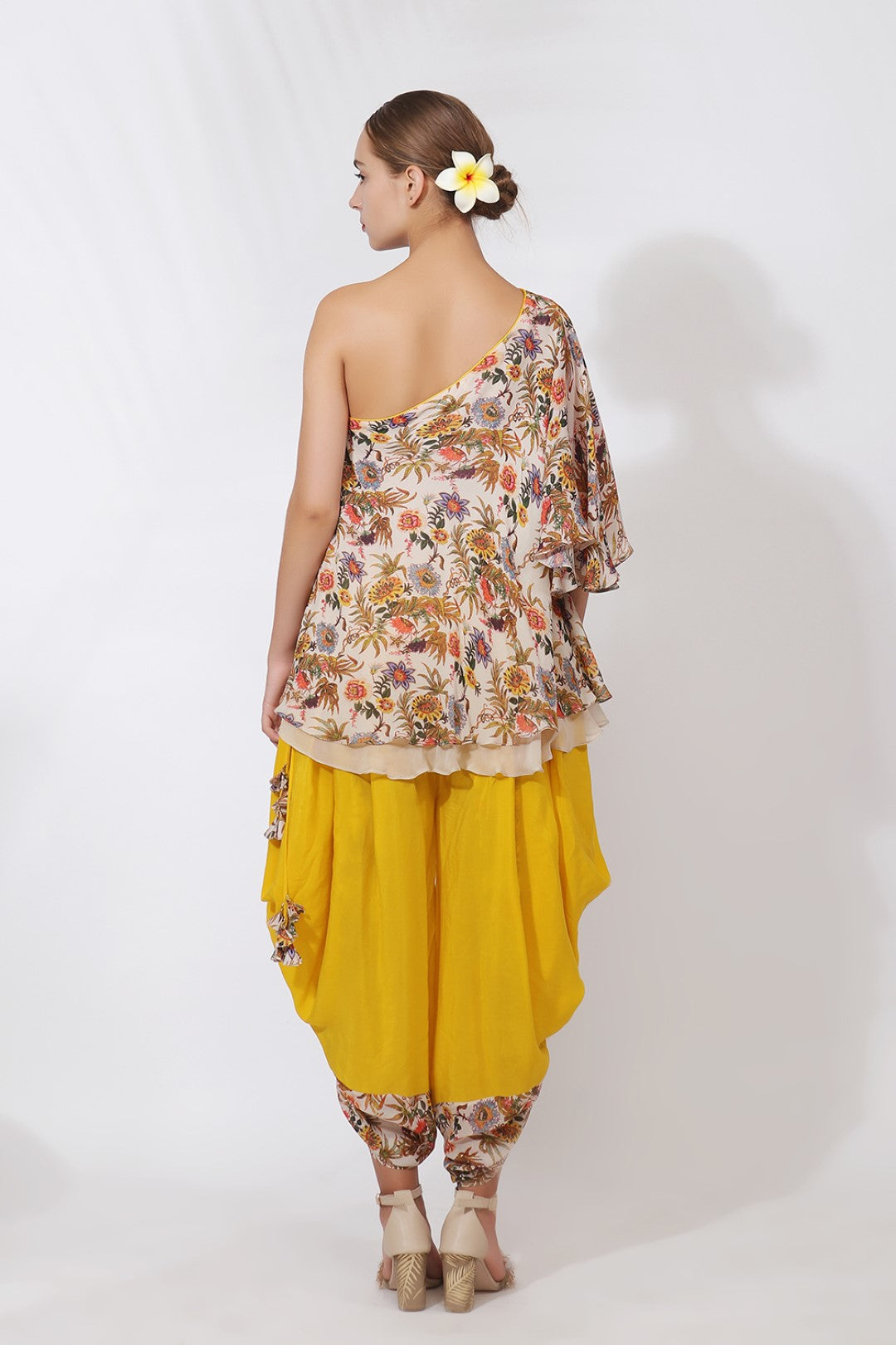 OFF SHOULDER TOP WITH HAND PRINTED WITH PANELLED COWL DHOTI