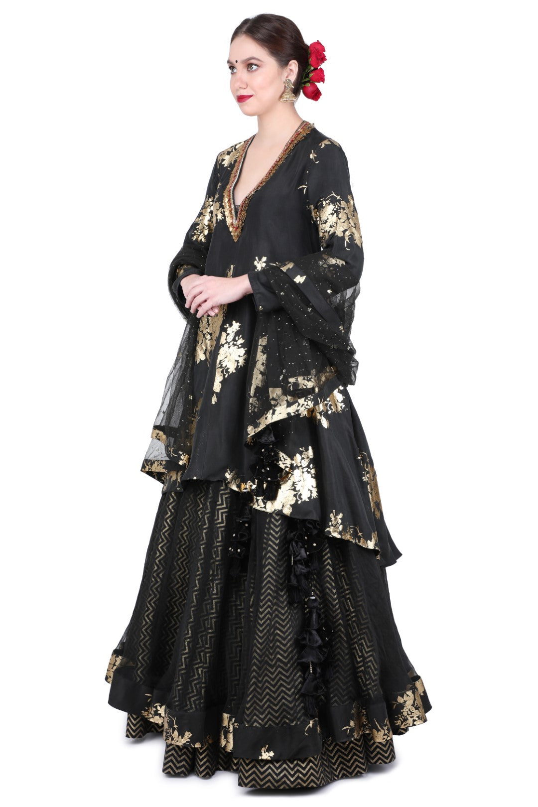FOIL PRINTED SILK TUNIC PAIRED WITH SKIRT AND DUPATTA