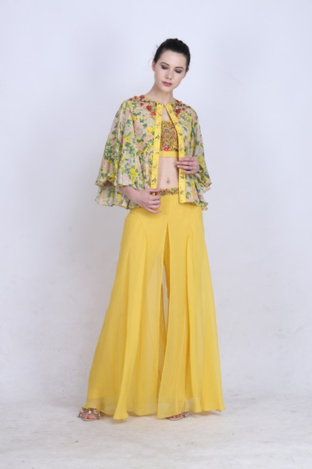 Pitambari yellow blouse with embroidered yellow printed jacket and front open sharara
