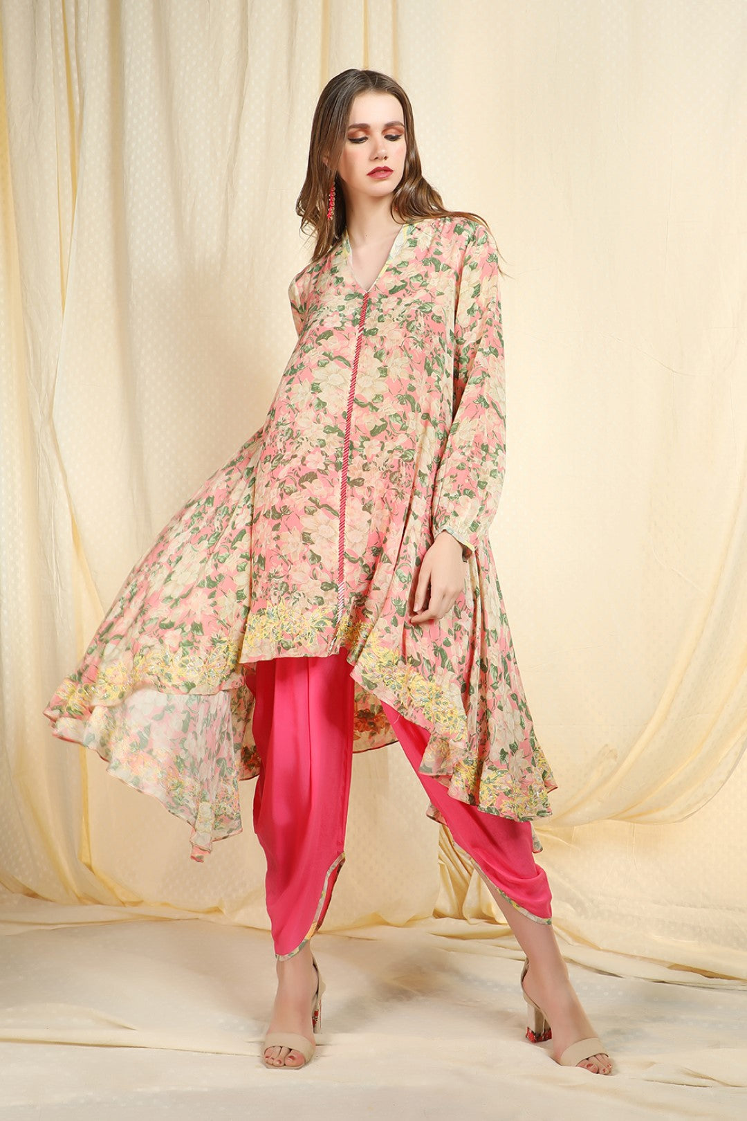 old rose asymetric tunic with dhoti