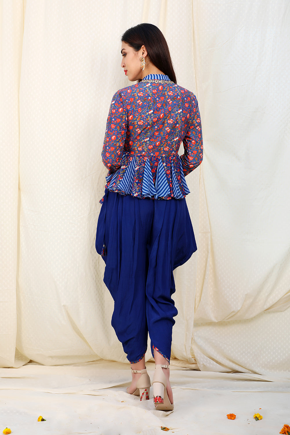 angrakha top with blue stripe godet with dhoti