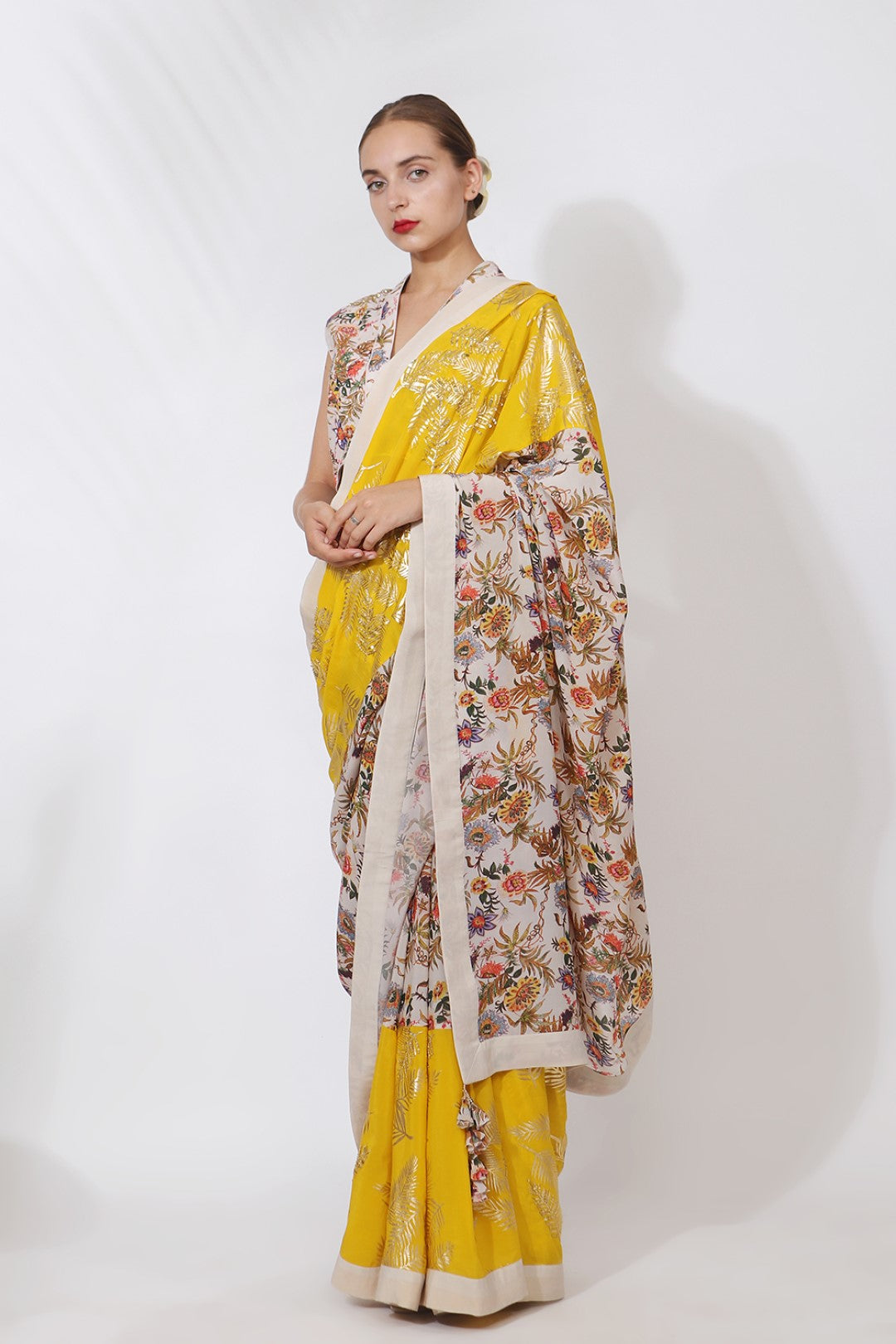 GOLD PRINTED PANELLED SAREE WITH EMBROIDERED BLOUSE