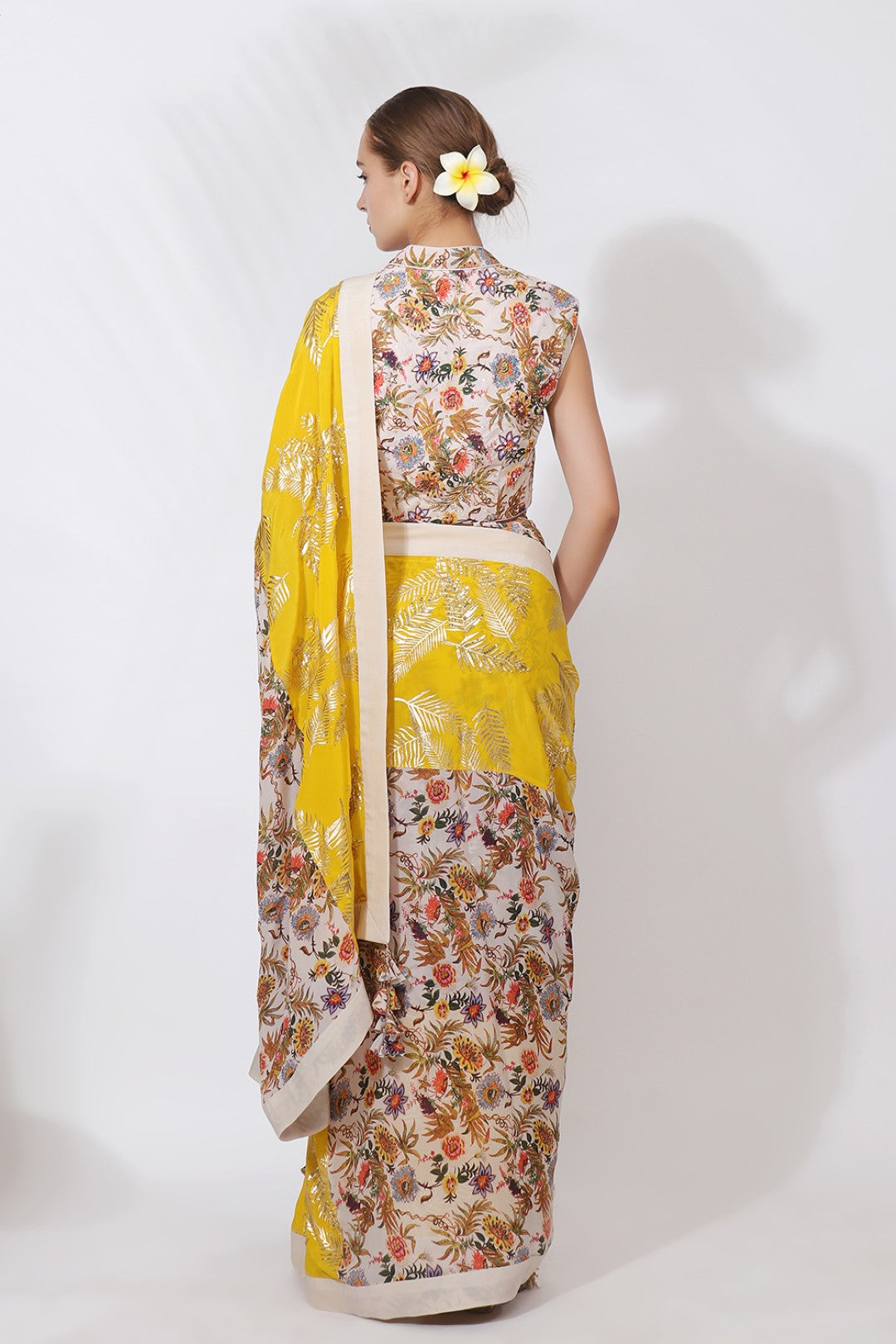 GOLD PRINTED PANELLED SAREE WITH EMBROIDERED BLOUSE