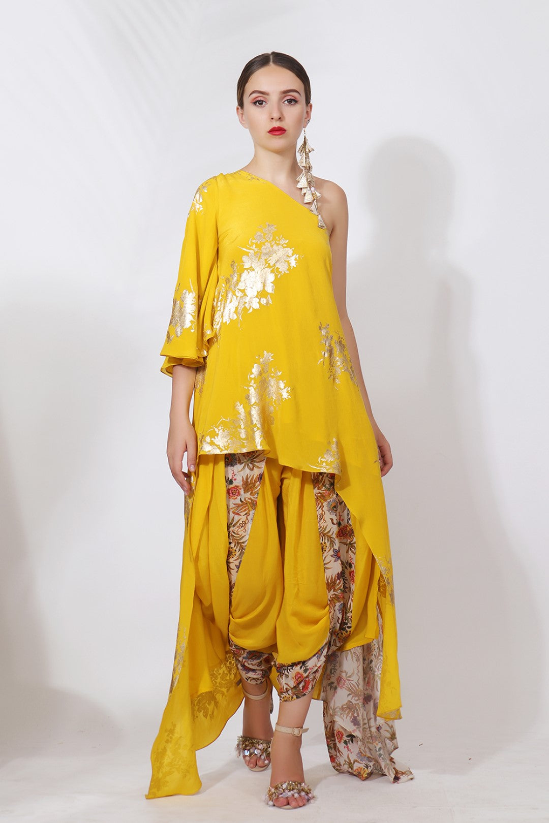 GOLD PRINTED OFF SHOULDER TOP WITH SIDE GODET  AND  COWL DHOTI