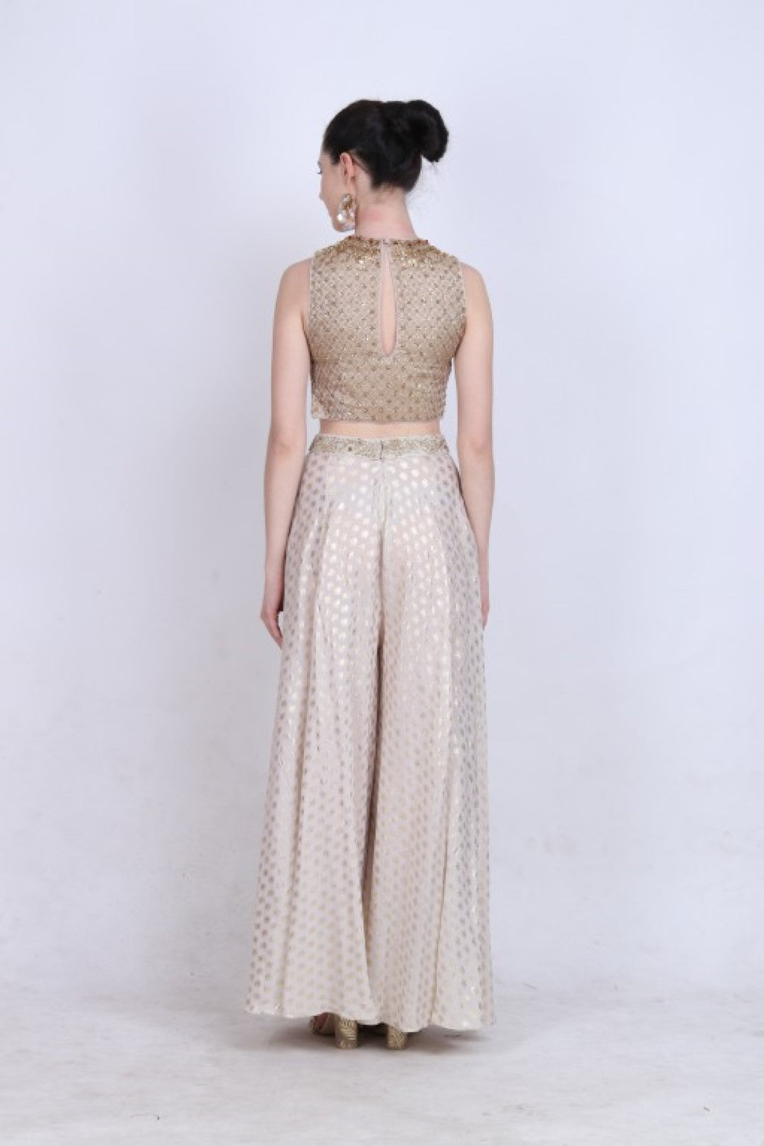 Brocade crop top with gold foil printed wide leg sharara