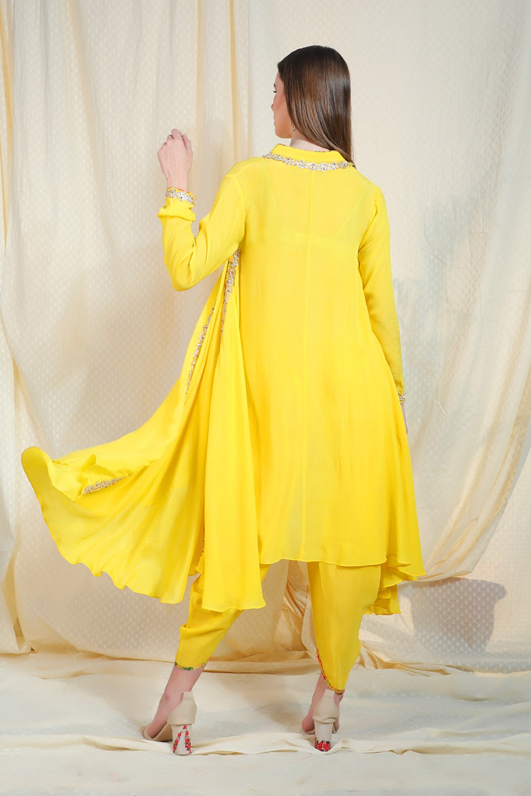 yellow crepe tunic with dhoti