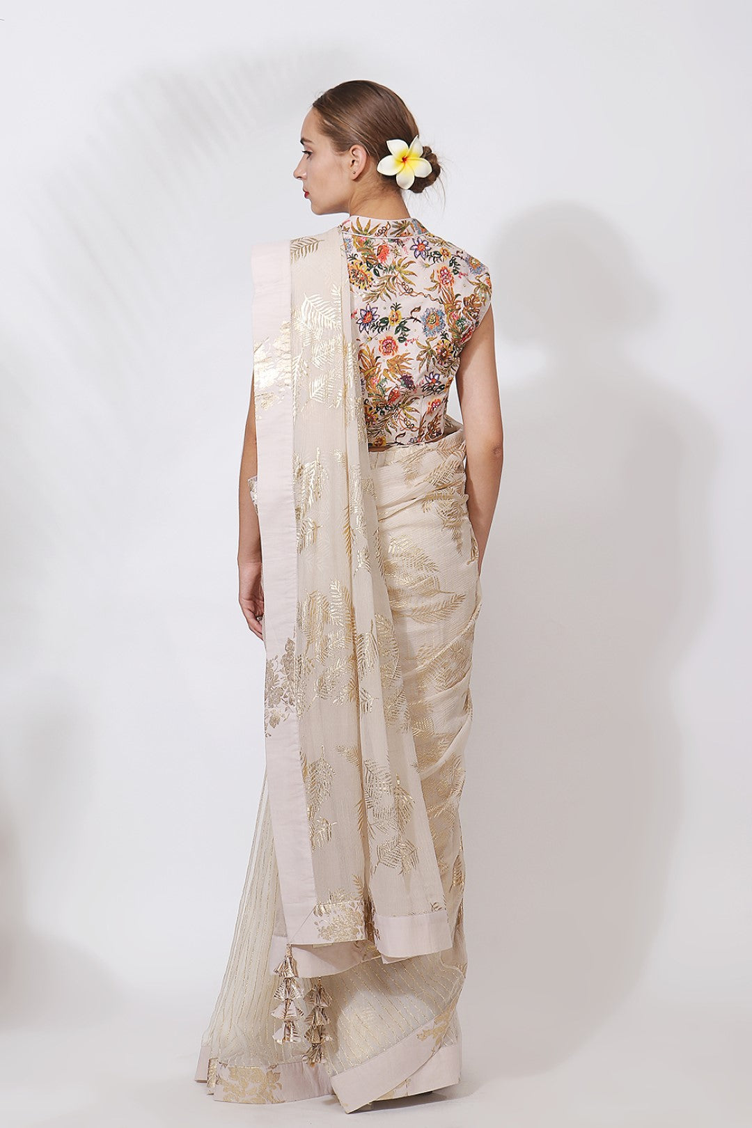 GOLD PRINTED SAREE WITH PAINTED BLOUSE