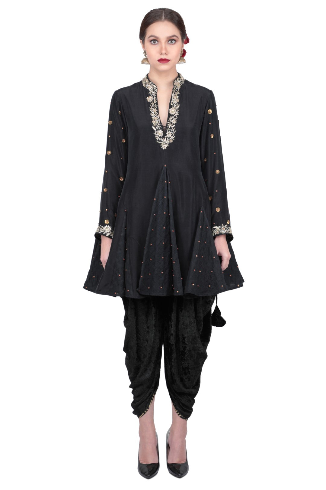 SILK GODDET KURTA PAIRED WITH VELVET DHOTI