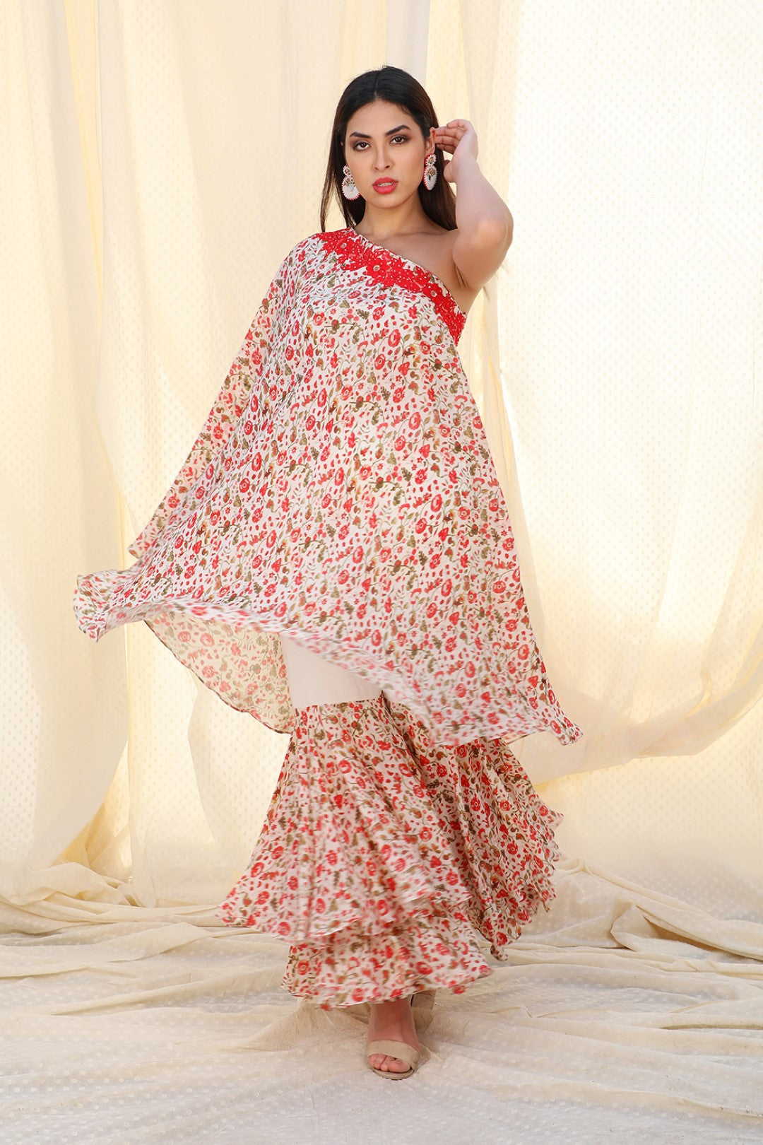 one shoulder tunic with double layered sharara