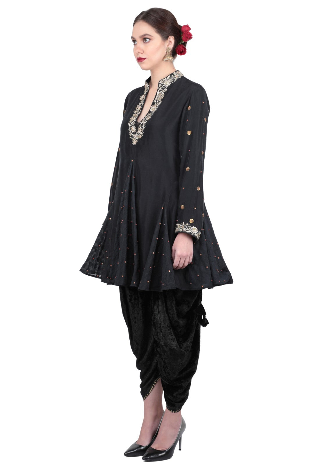 SILK GODDET KURTA PAIRED WITH VELVET DHOTI