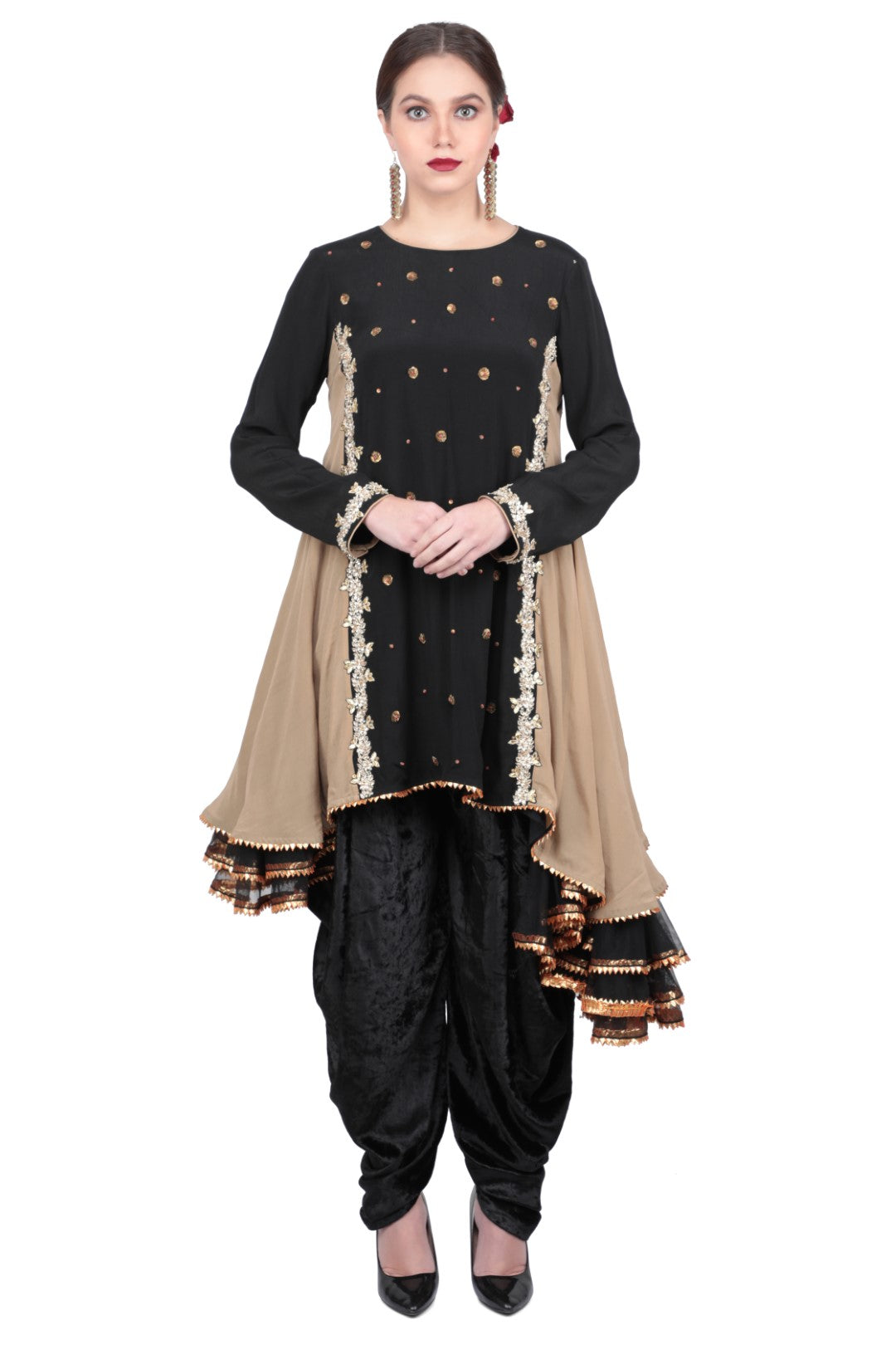 ASYMMETRIC TUNIC IN CREPE PAIRED WITH VELVET DHOTI
