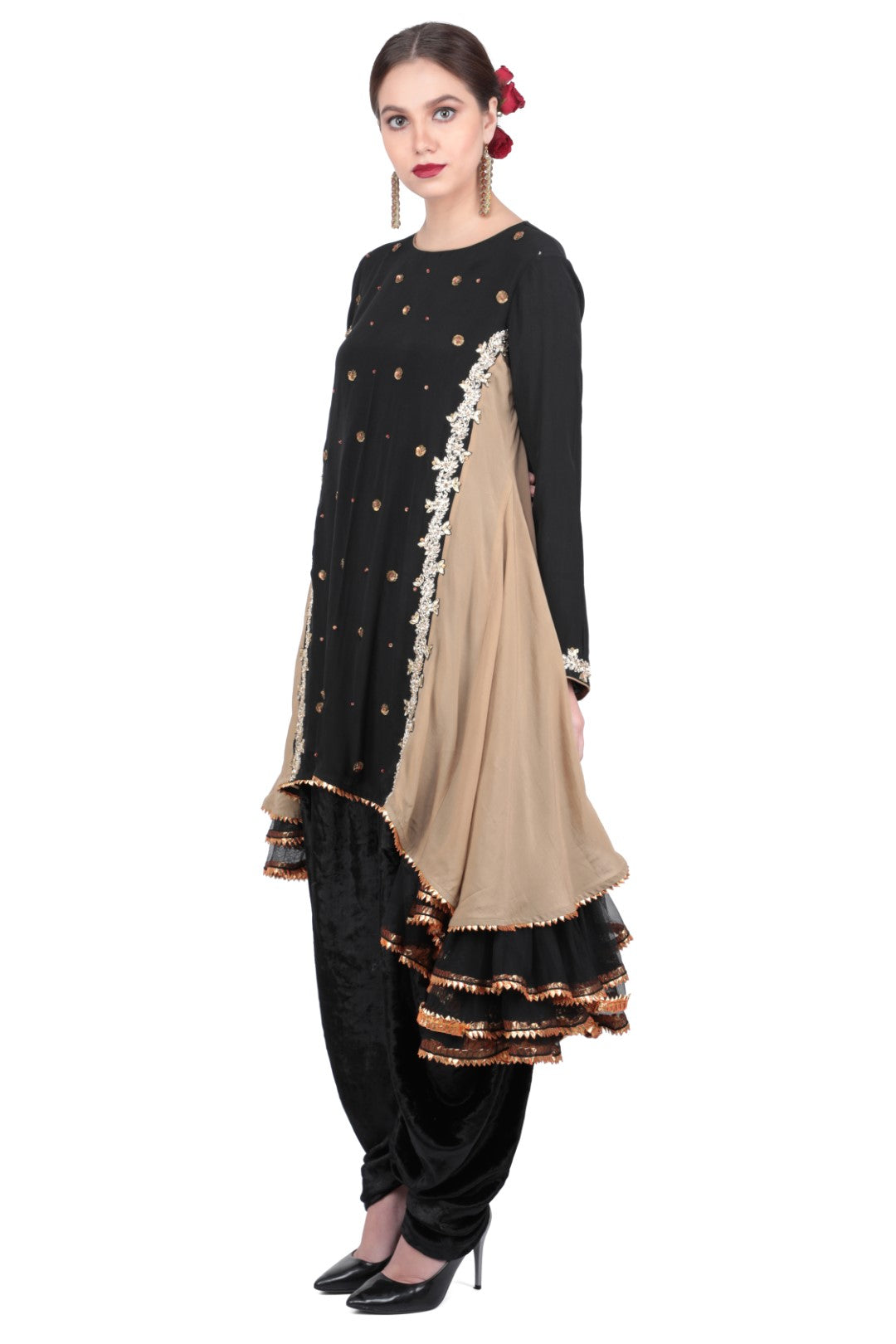ASYMMETRIC TUNIC IN CREPE PAIRED WITH VELVET DHOTI